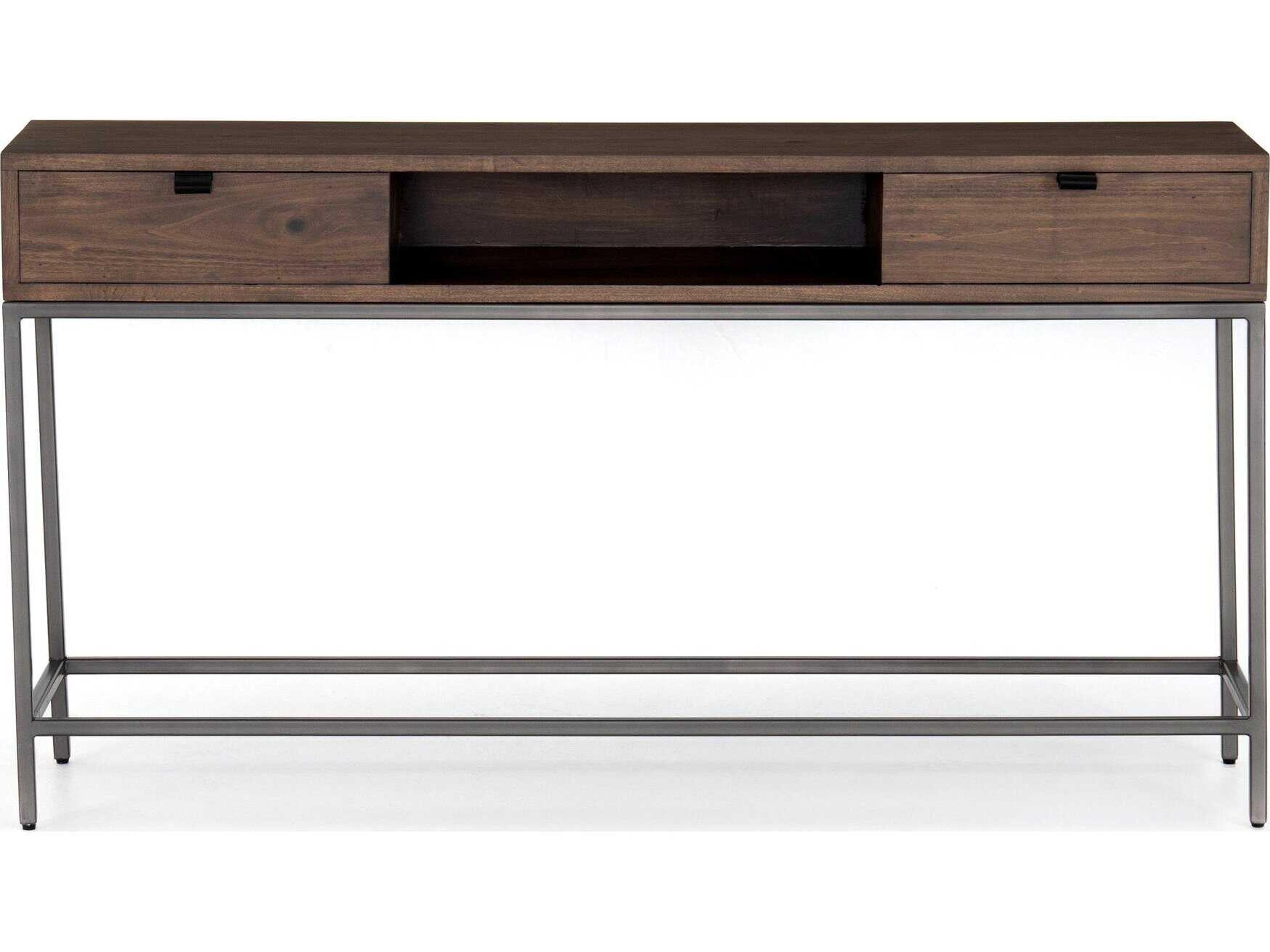 Luxecor Globetrotter Trey Rectangular Wood Natural Iron Auburn Poplar Black Leather Console Table