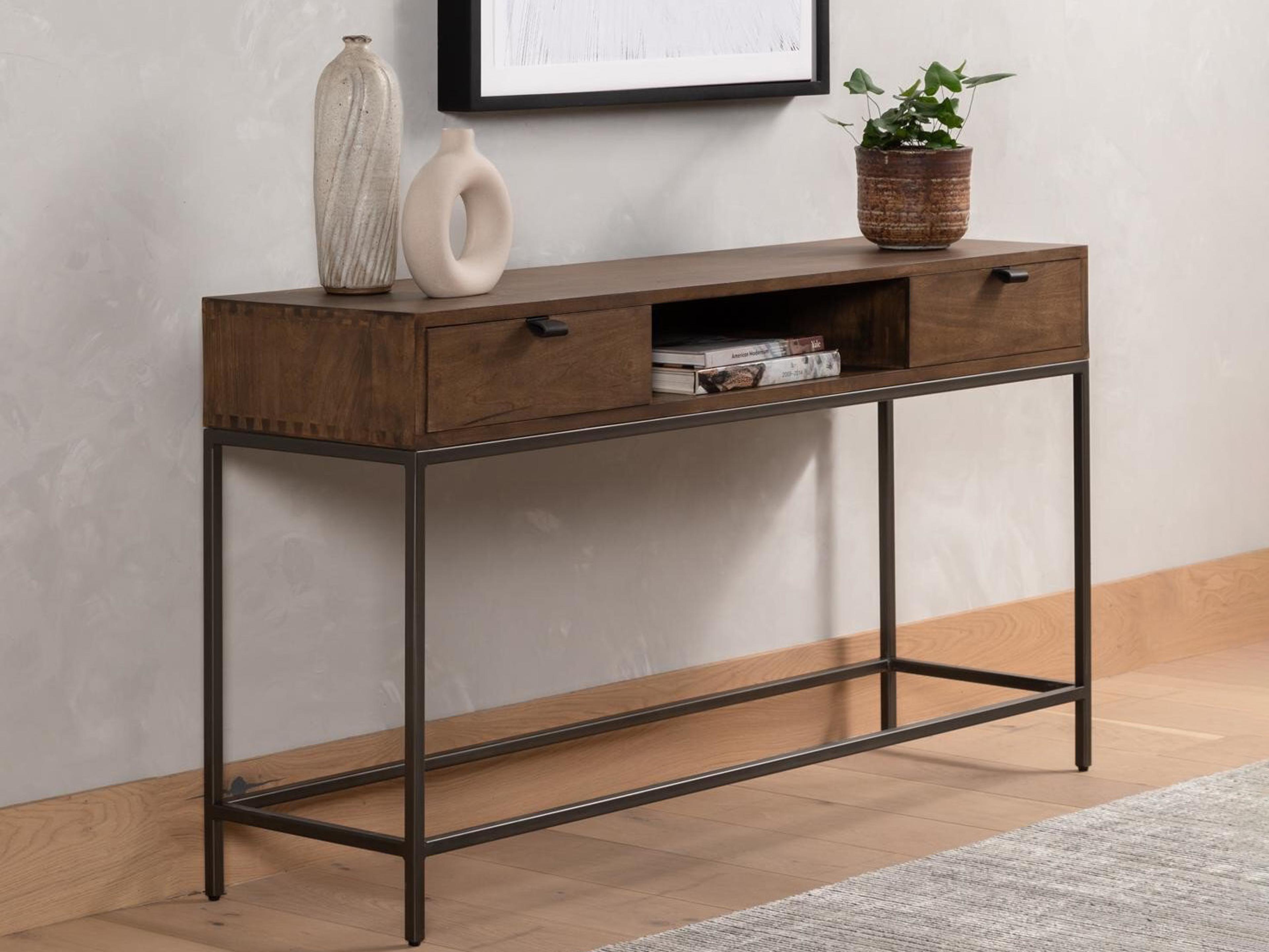 Luxecor Globetrotter Trey Rectangular Wood Natural Iron Auburn Poplar Black Leather Console Table