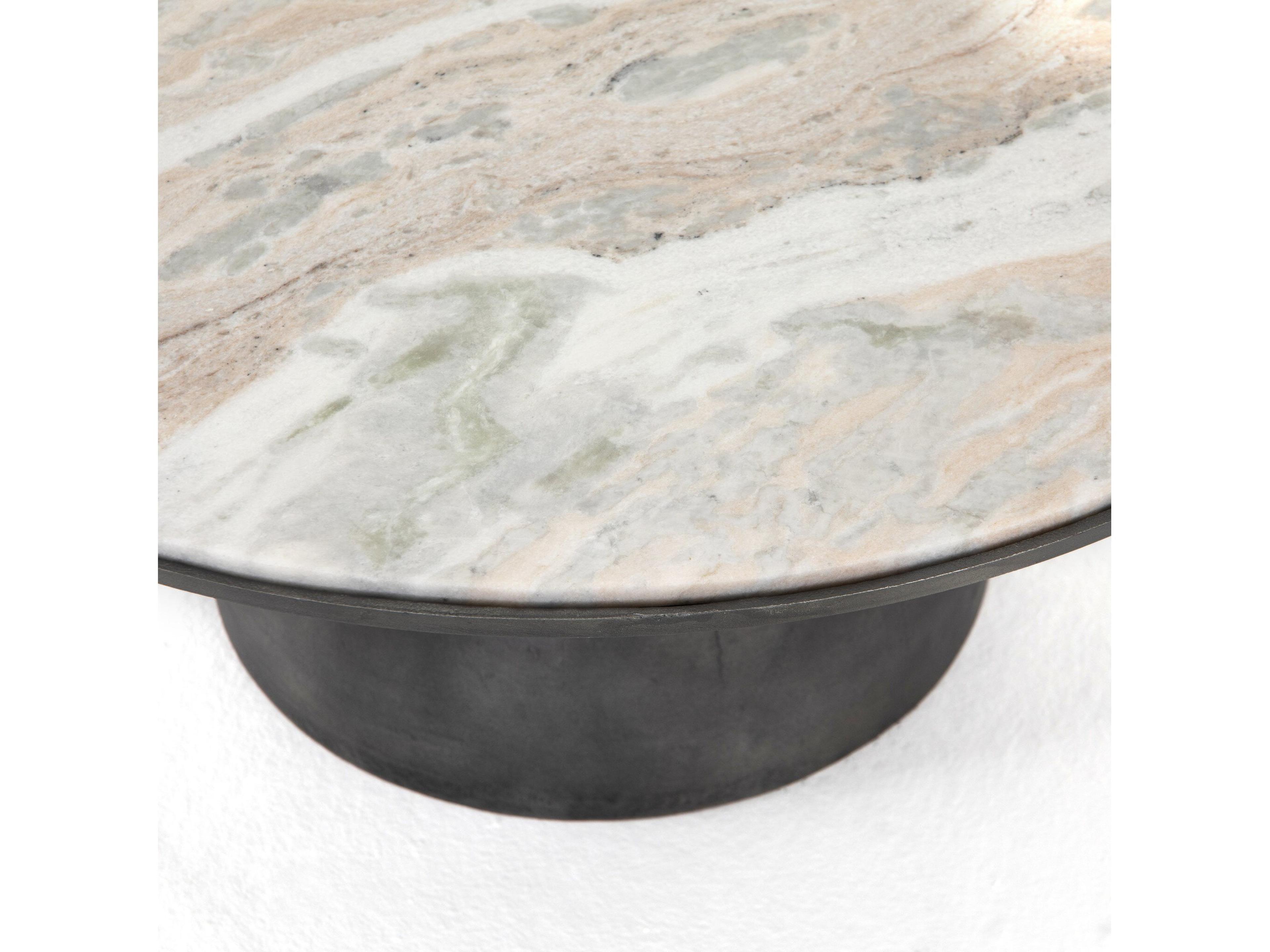 Four Hands Marlow Corbett Round Creamy Taupe Marble Hammered Grey Coffee Table