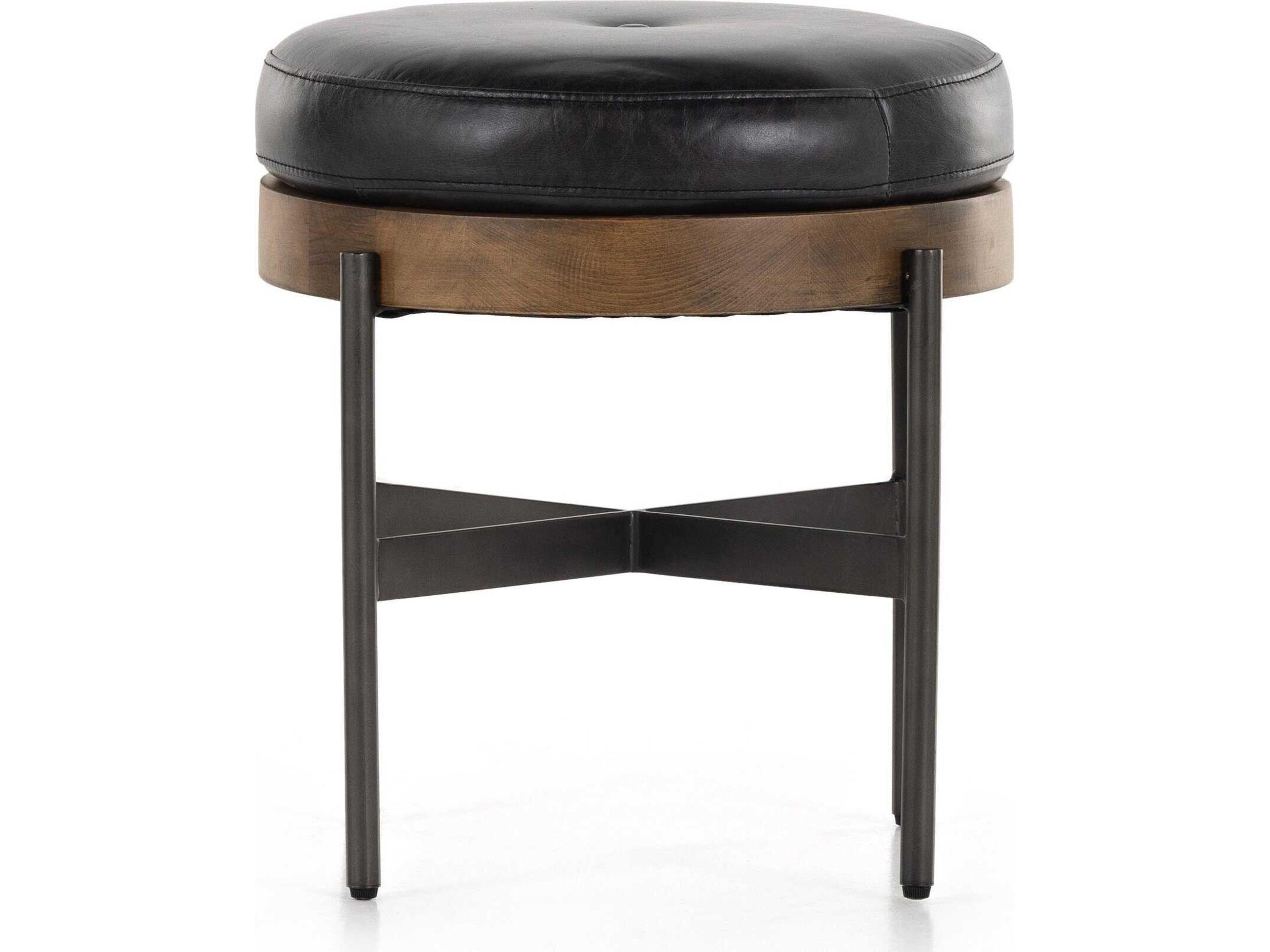 Four Hands Townsend Edwyn Small Sable Beech Sonoma Black Gunmetal Brown Leather Ottoman