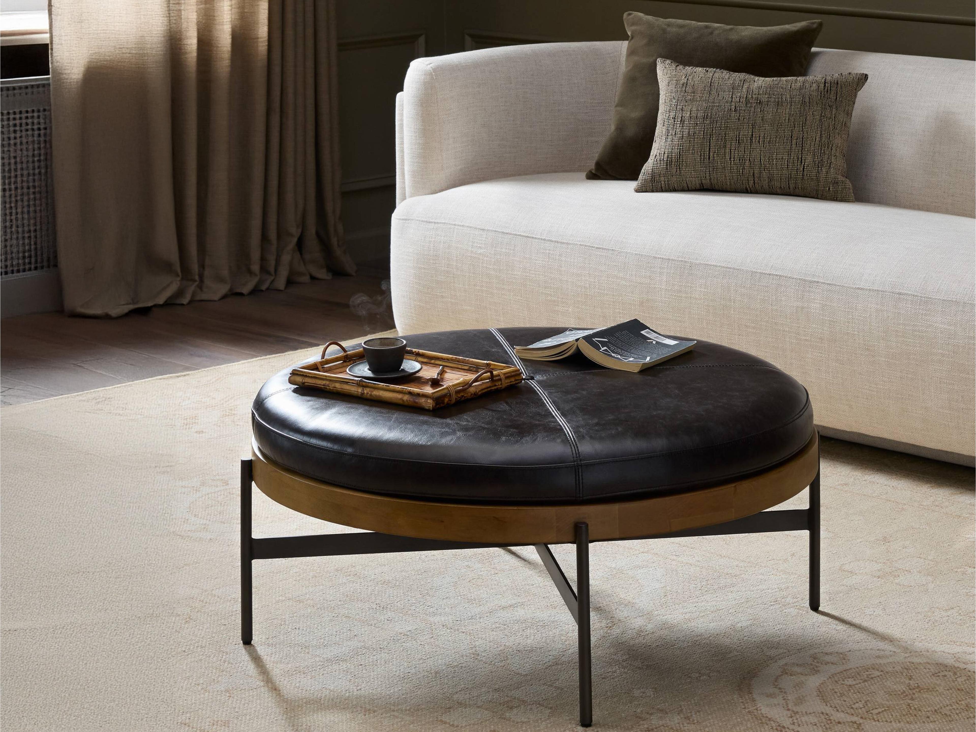 Four Hands Townsend Edwyn Large Sable Beech Sonoma Black Gunmetal Leather Ottoman