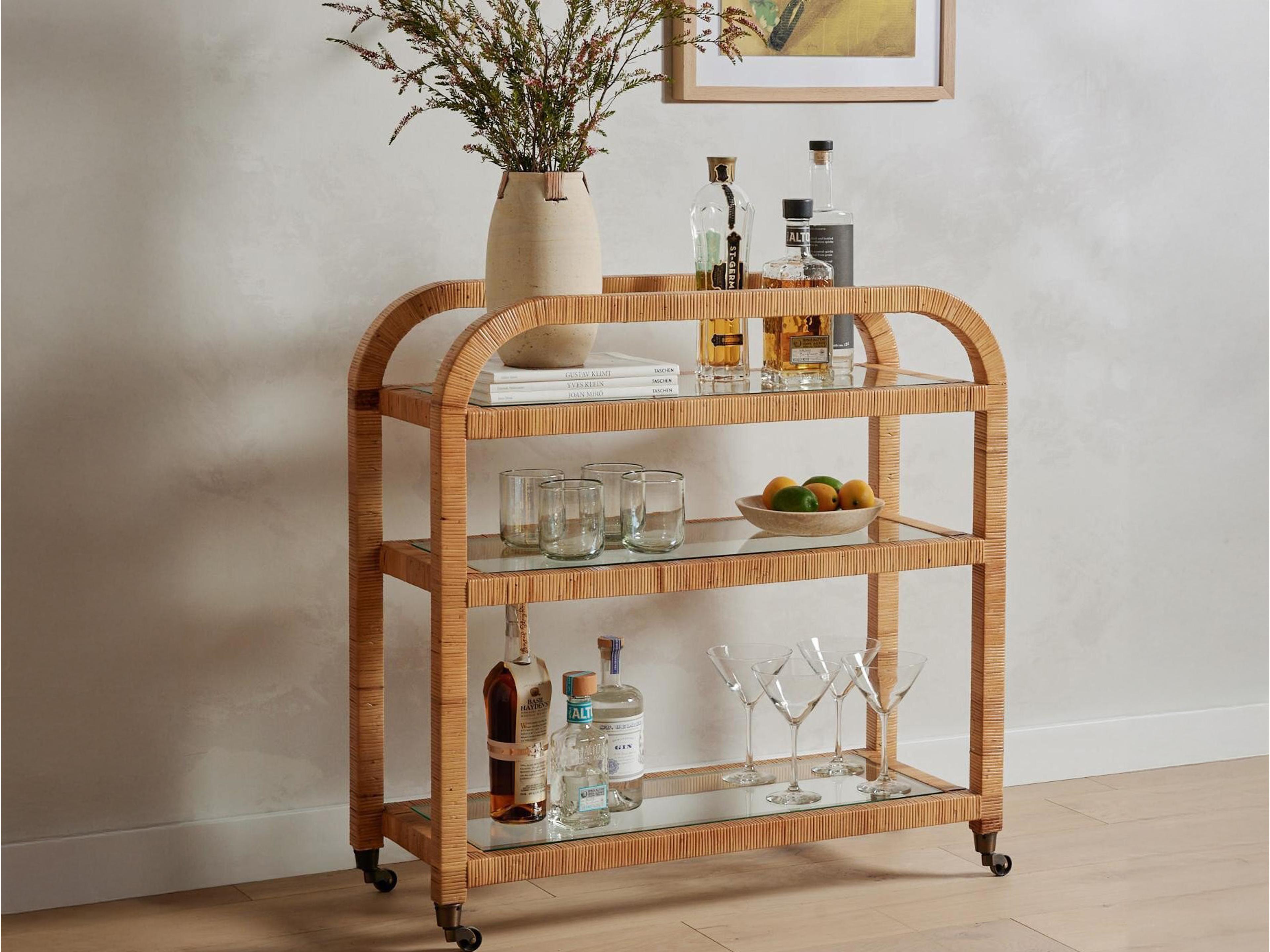 Four Hands Grass Roots Wood Brown Wrapped Honey Rattan Tempered Glass Bar Cart
