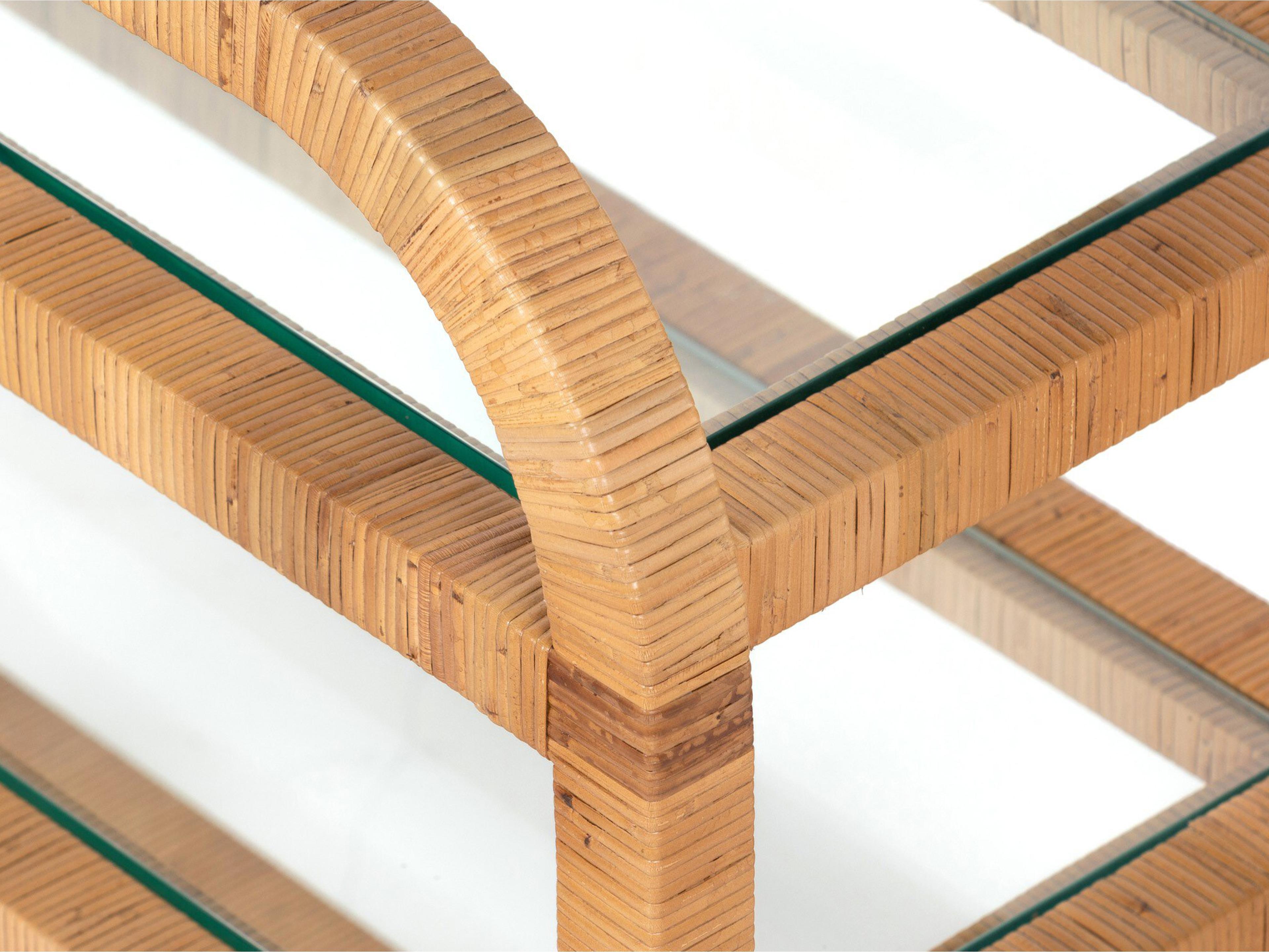 Four Hands Grass Roots Wood Brown Wrapped Honey Rattan Tempered Glass Bar Cart