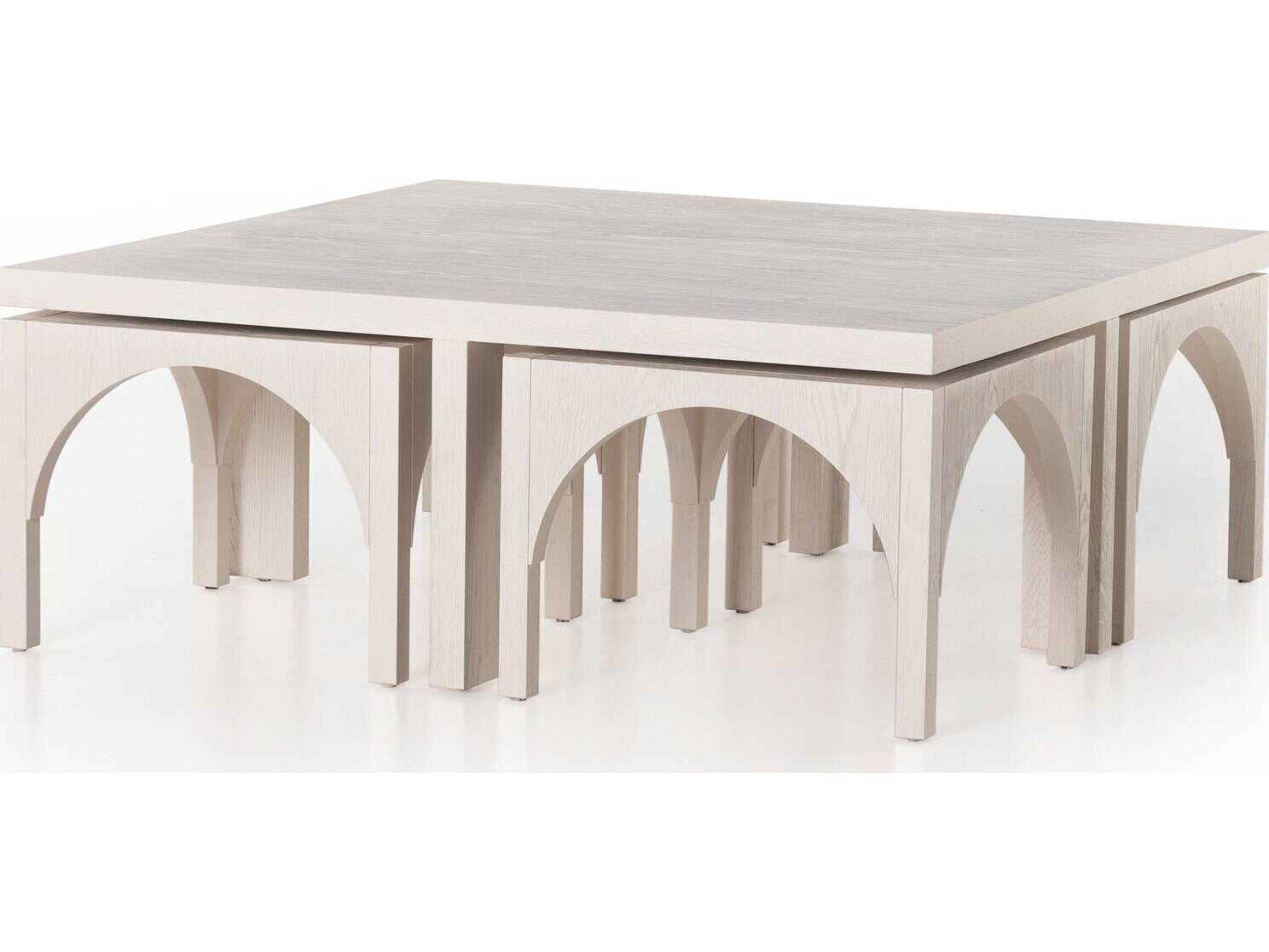 Belfast Amara Square Wood Off White Oak Solid Coffee Table with Nesting Stools