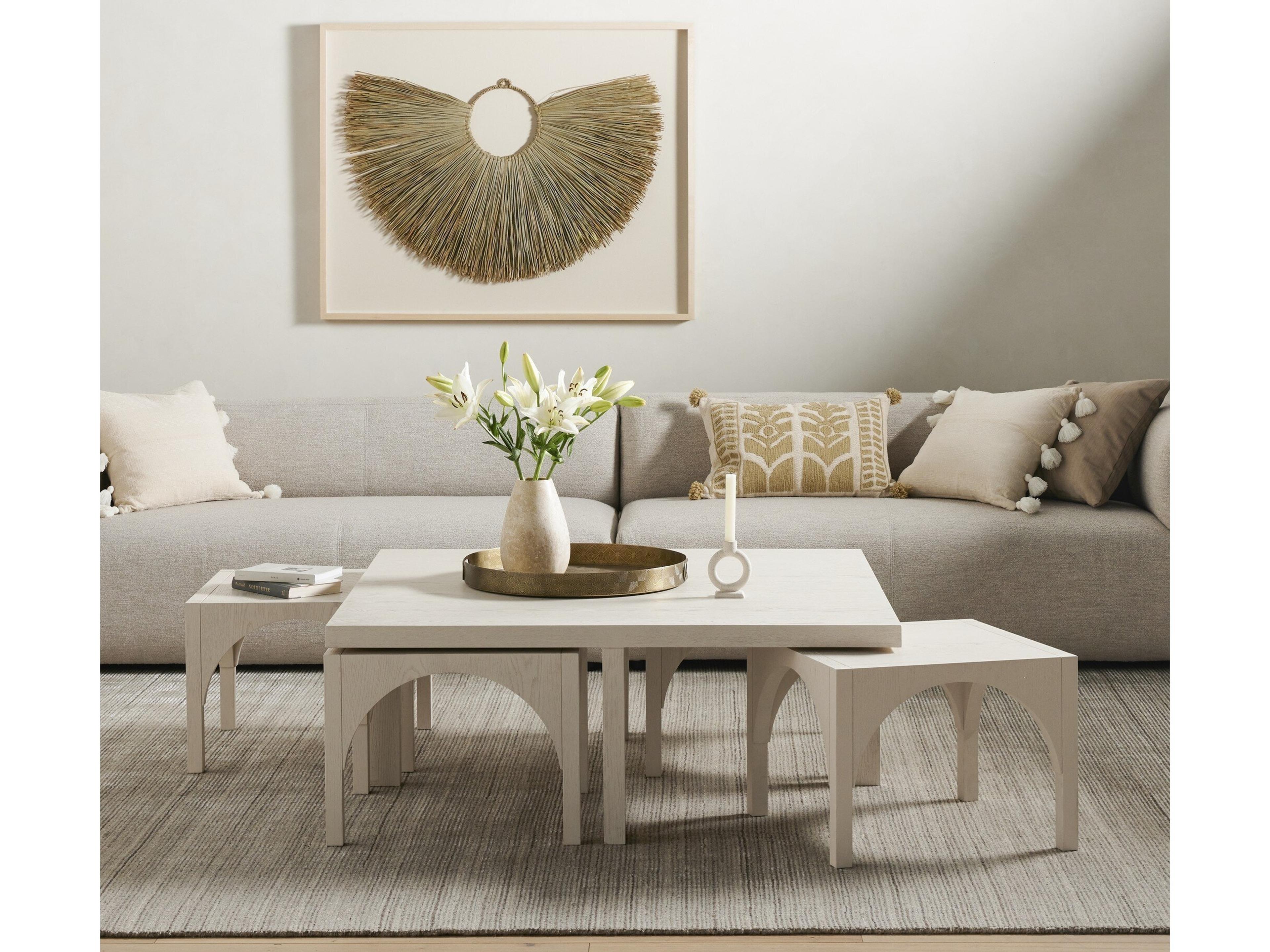 Four Hands Belfast Amara Square Wood Off White Oak Solid Coffee Table with Nesting Stools