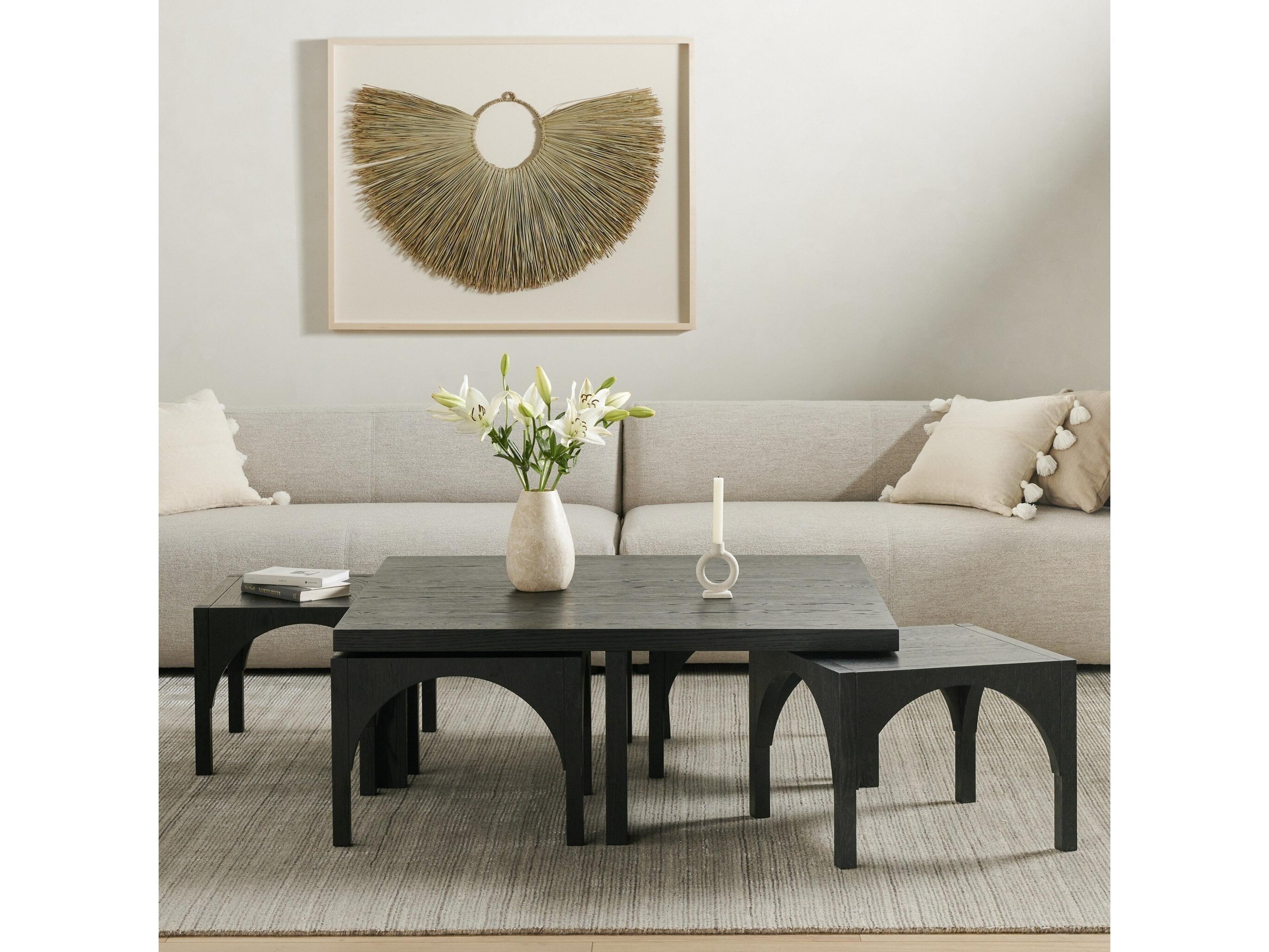 Four Hands Clara Amara Square Wood Black Oak Coffee Table with Nesting Stools