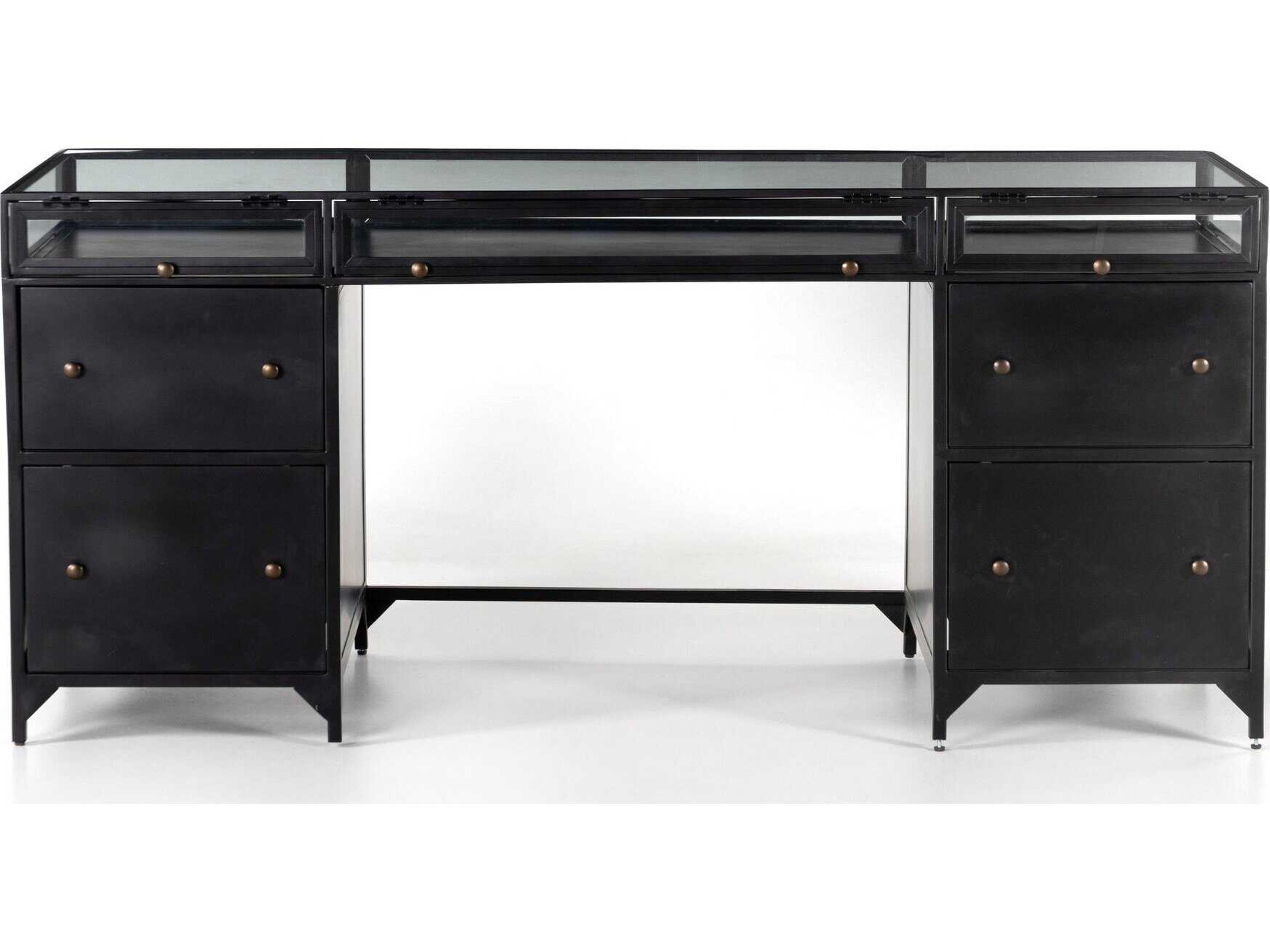 Four Hands Belmont Shadow Box Black Clear Glass Tempered Executive Desk
