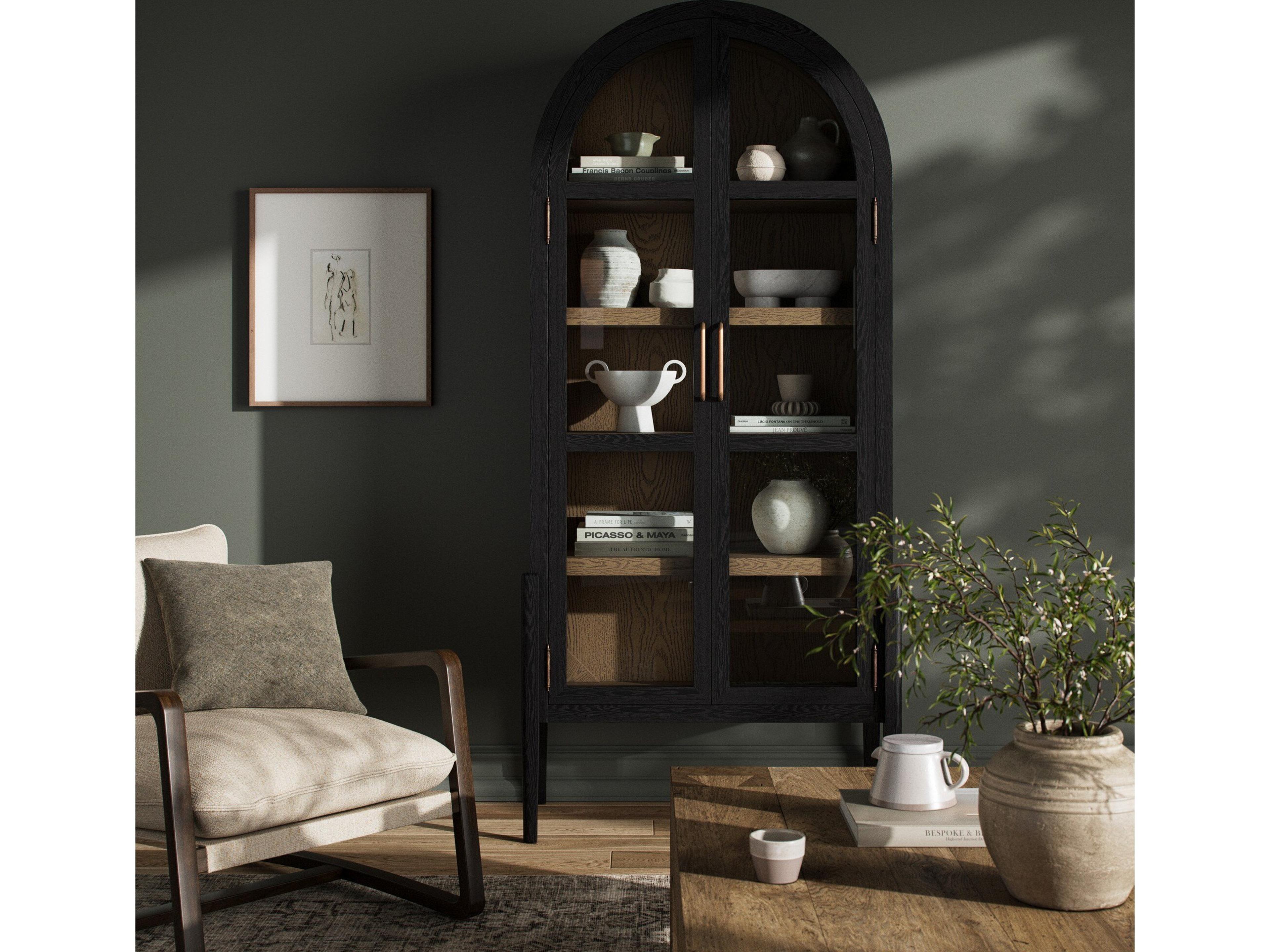 Four Hands Irondale Tolle Oak Wood Antique Brass Drifted Black Display Cabinet