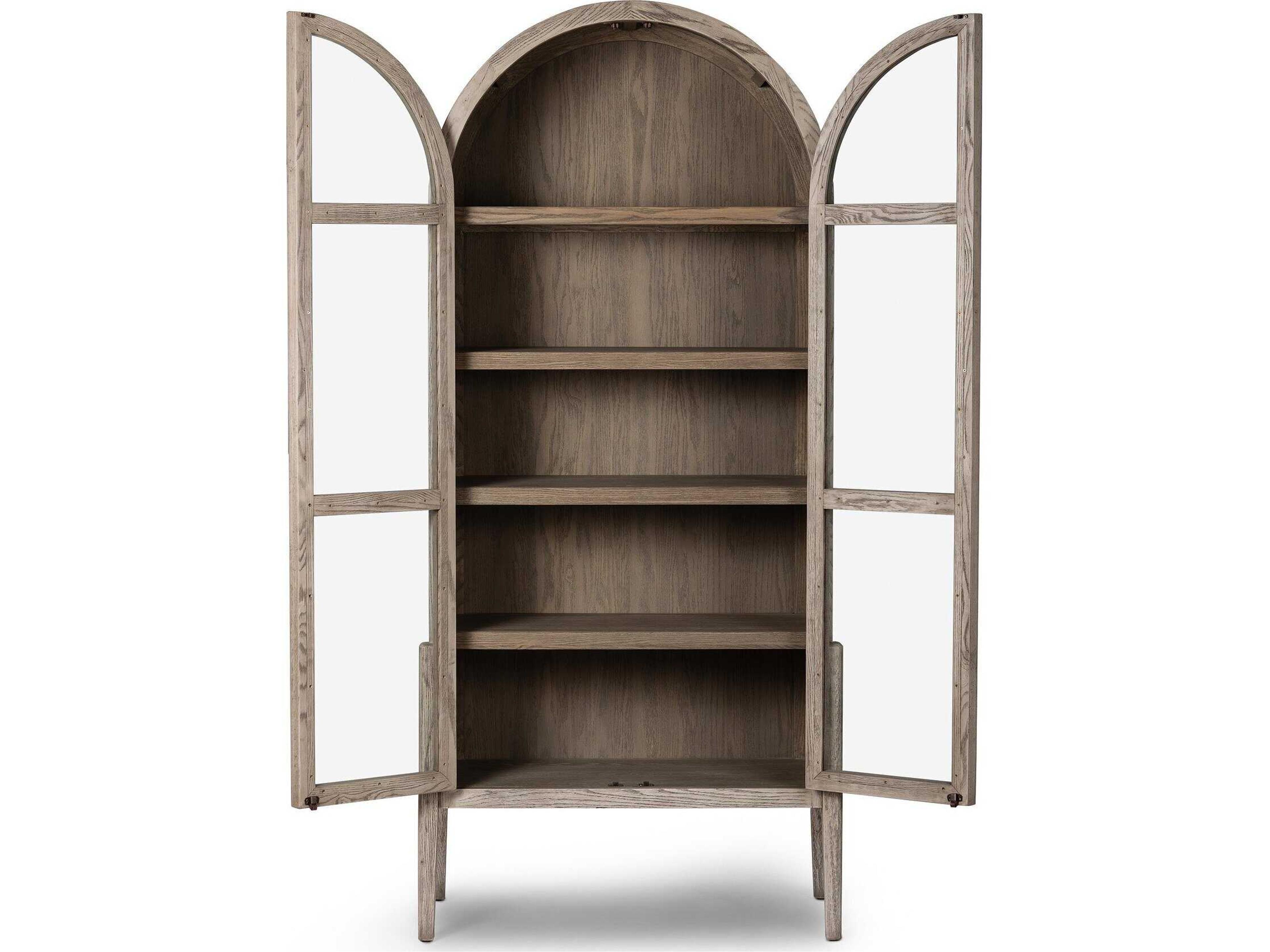 Four Hands Irondale Tolle Oak Wood Warm Natural Rustic White Tempered Glass Antique Brass Display Cabinet