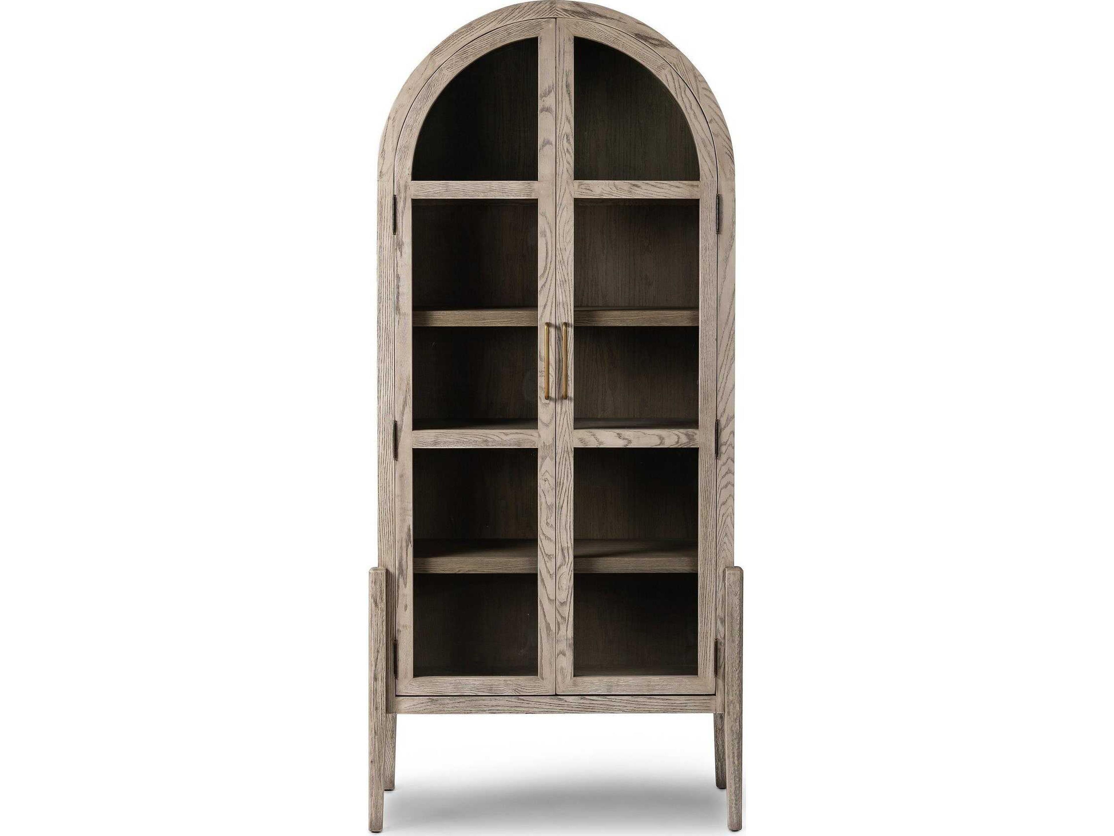 Four Hands Irondale Tolle Oak Wood Warm Natural Rustic White Tempered Glass Antique Brass Display Cabinet