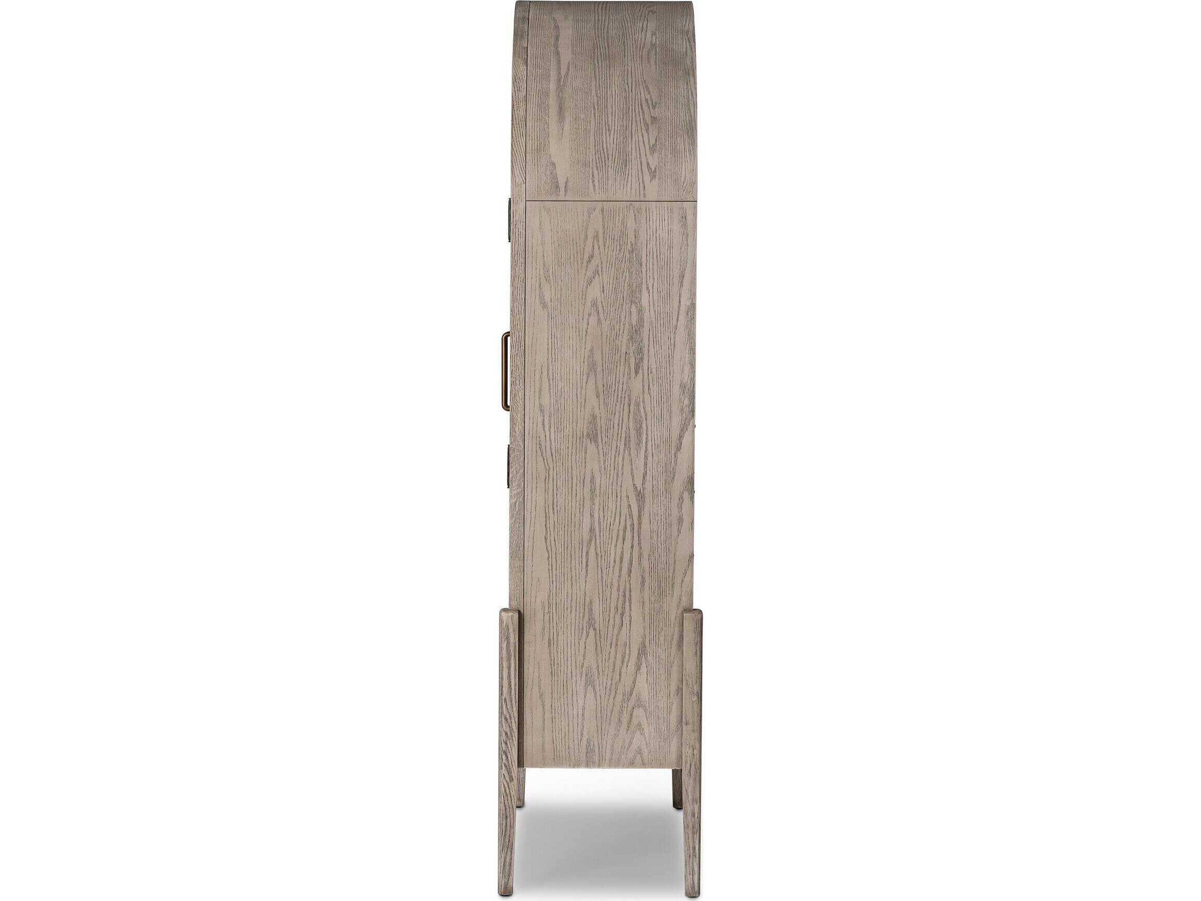 Four Hands Irondale Tolle Oak Wood Warm Natural Rustic White Tempered Glass Antique Brass Display Cabinet