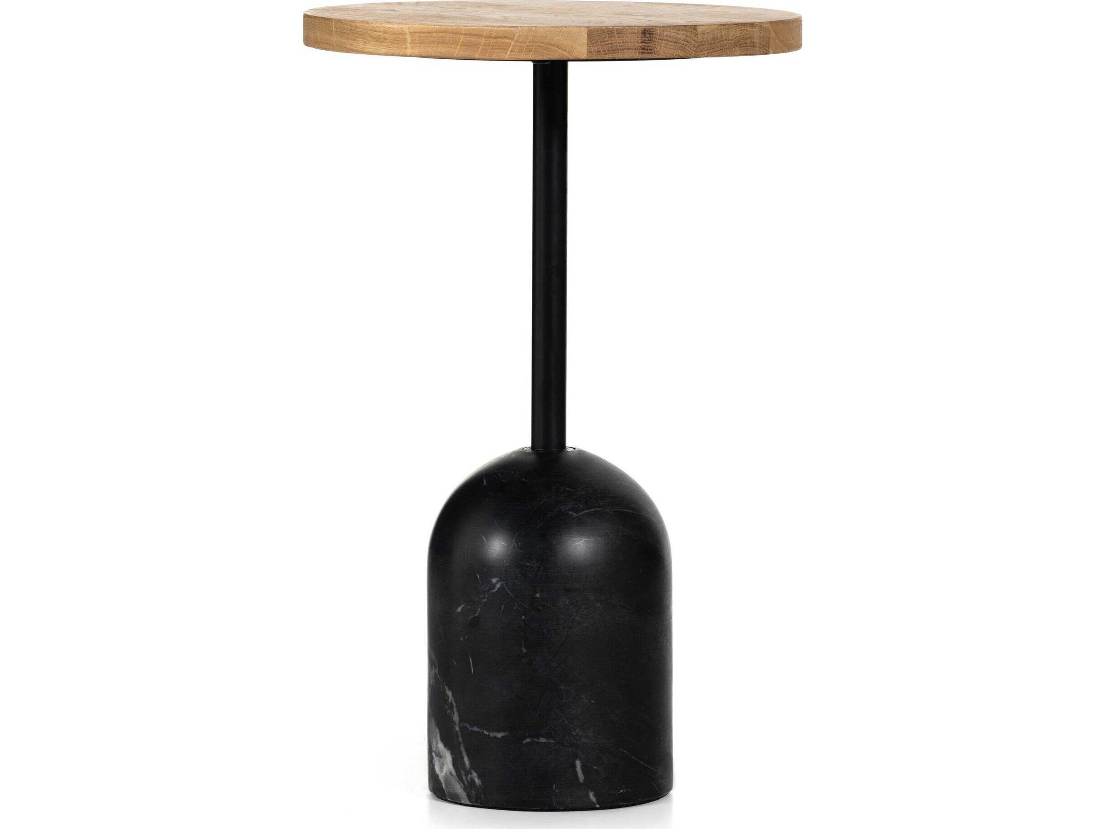 Four Hands Rockwell Fay Round Wood Black Marble Dark Kettle Natural Oak End Table