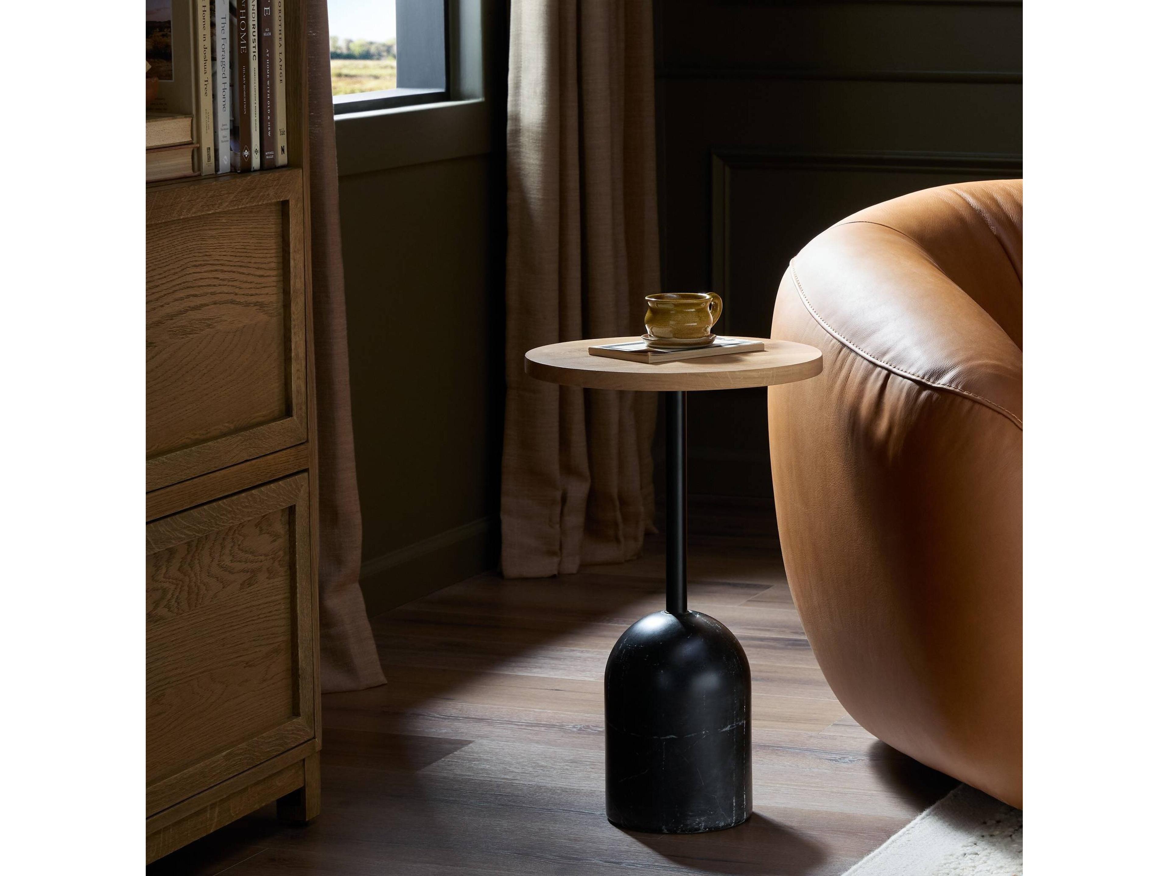 Four Hands Rockwell Fay Round Wood Black Marble Dark Kettle Natural Oak End Table