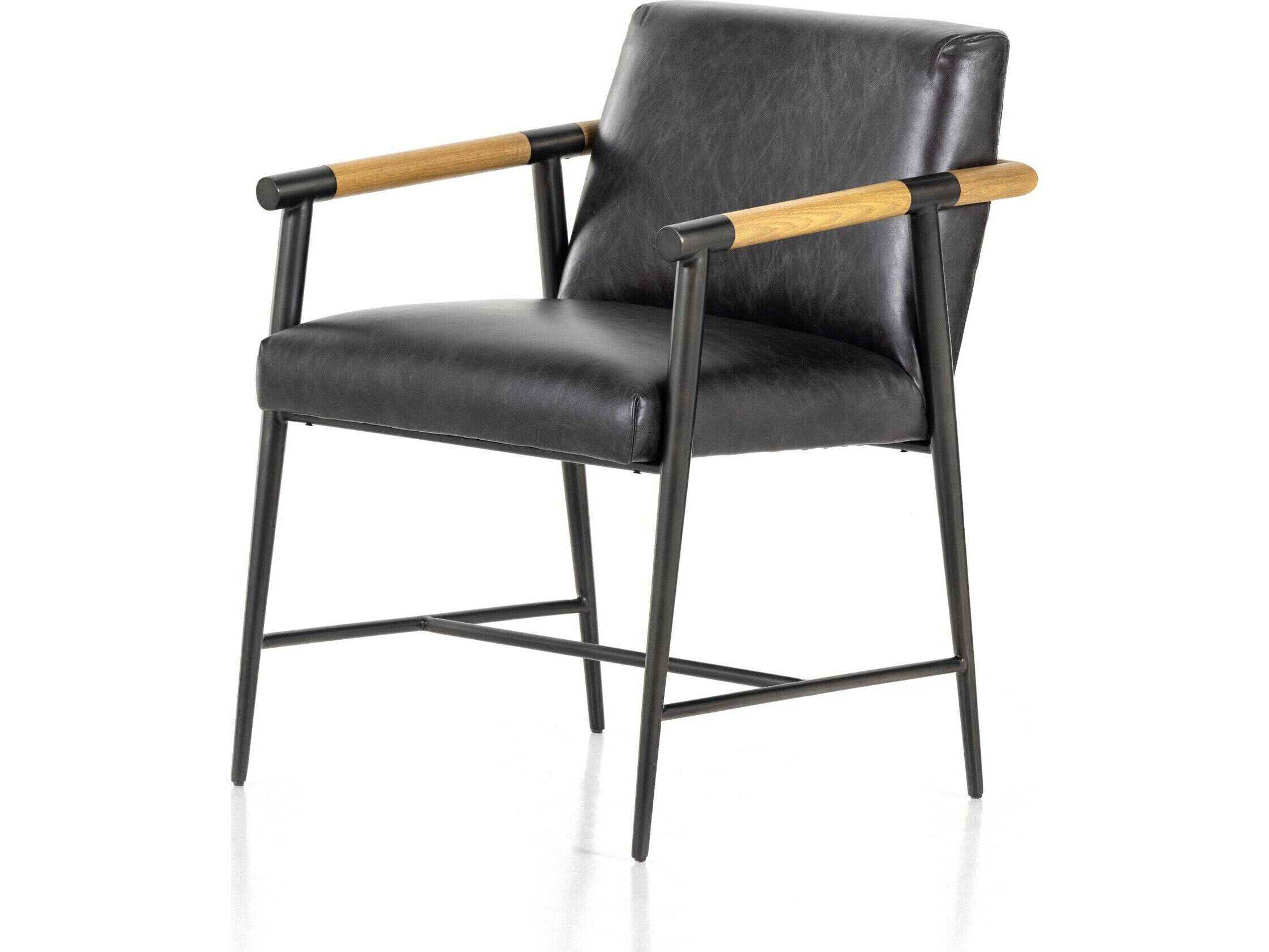 Grayson Rowen Leather Oak Wood Black Upholstered Arm Dining Chair