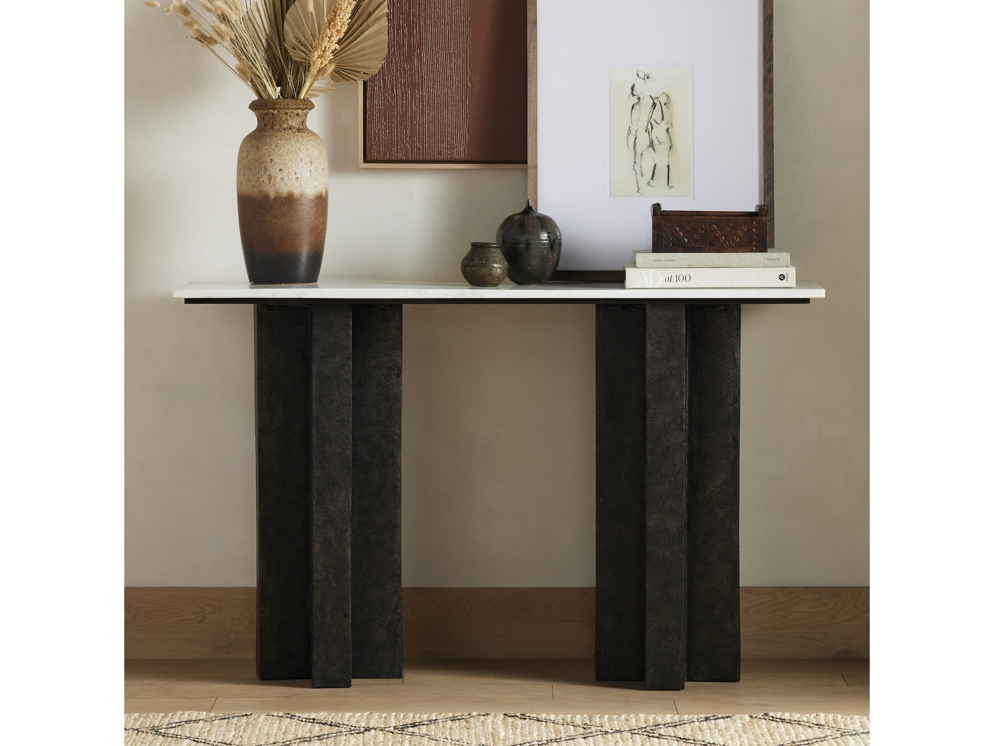 Four Hands Marlow Terrell Rectangular Raw Black Polished White Marble Console Table