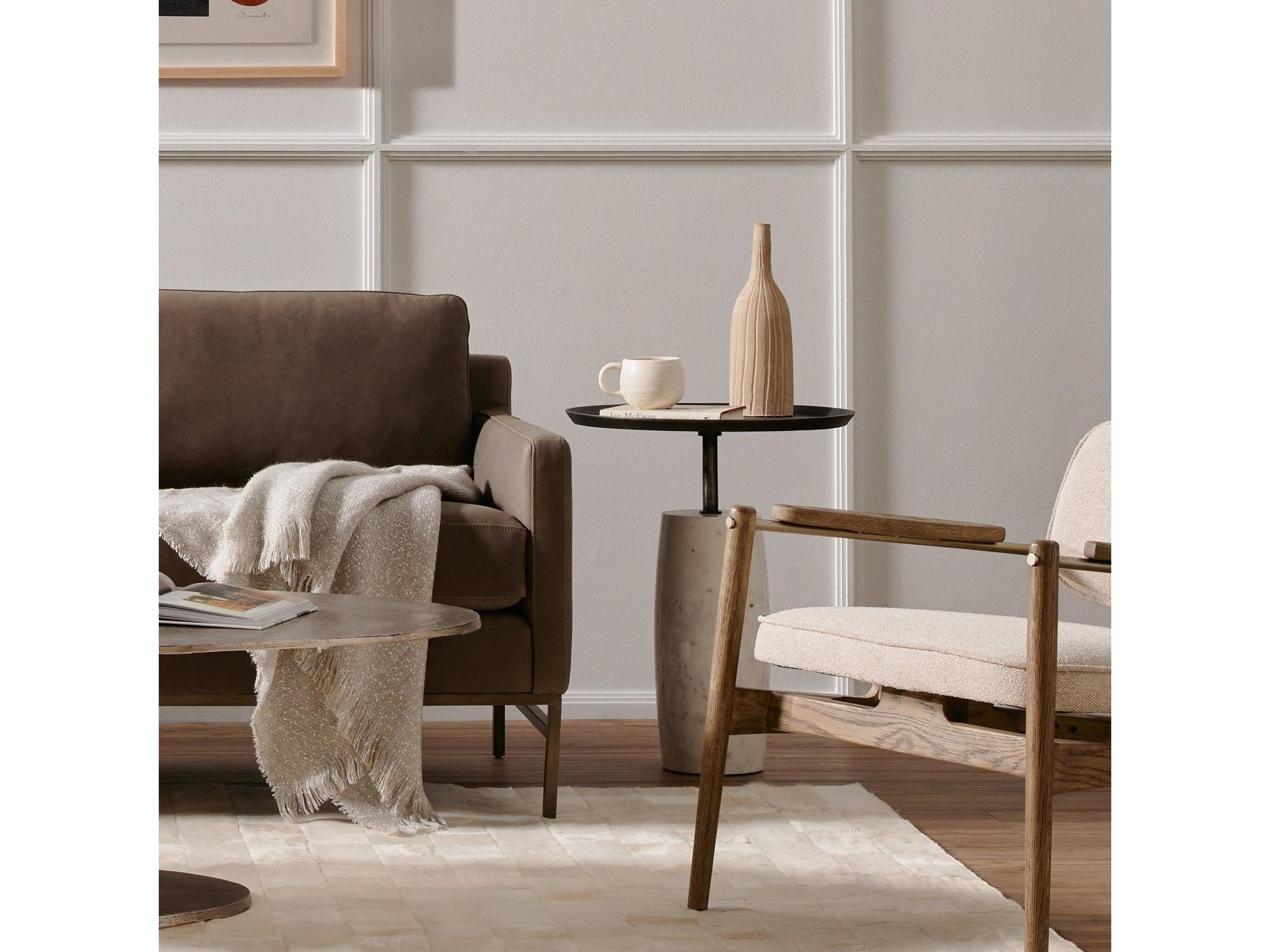 Four Hands Marlow Cronos Round Metal Polished White Marble Solid Hammered Grey End Table