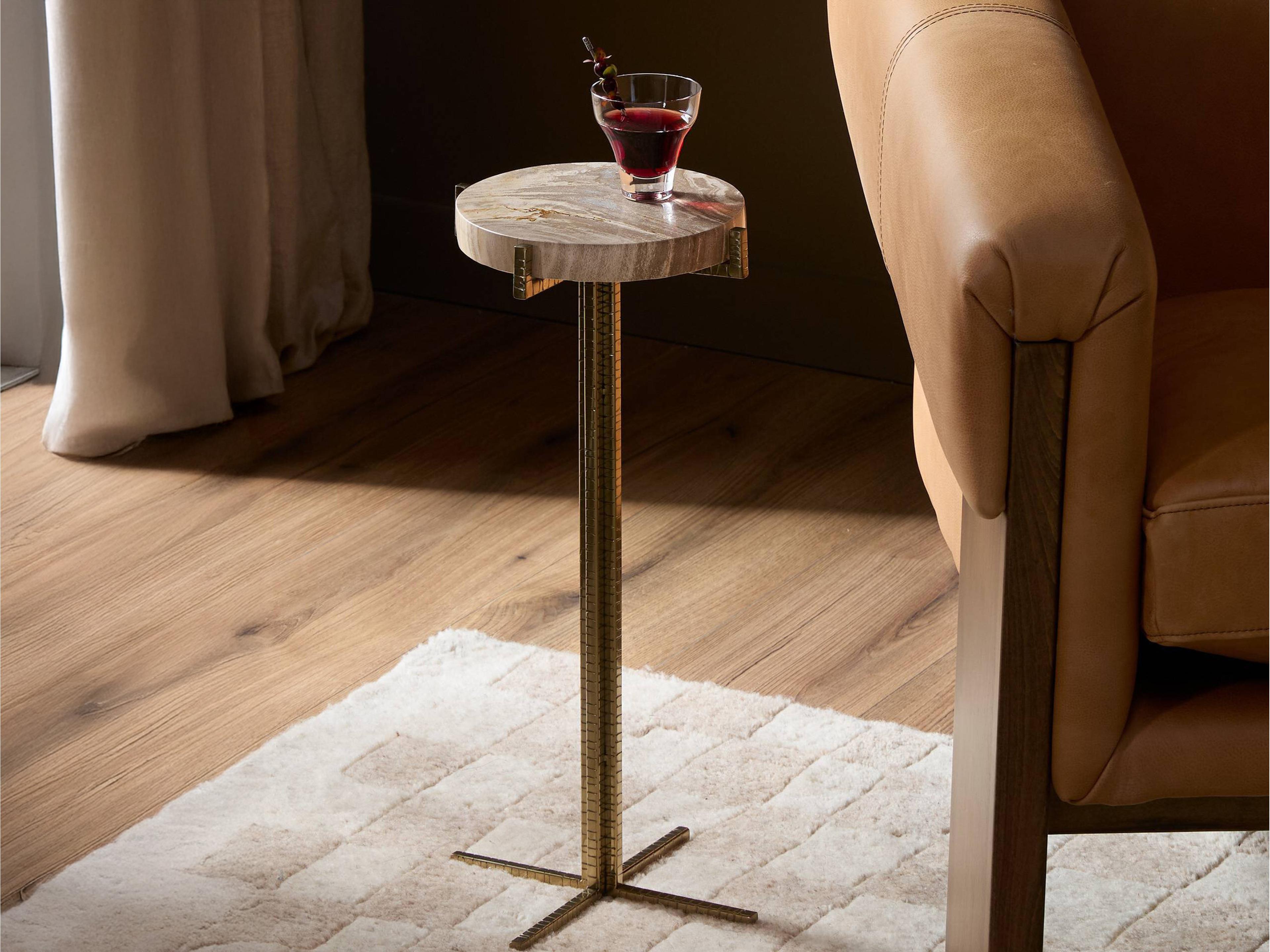 Four Hands Palu Jonty 9" Round Textured Brass Light Petrified Wood End Table