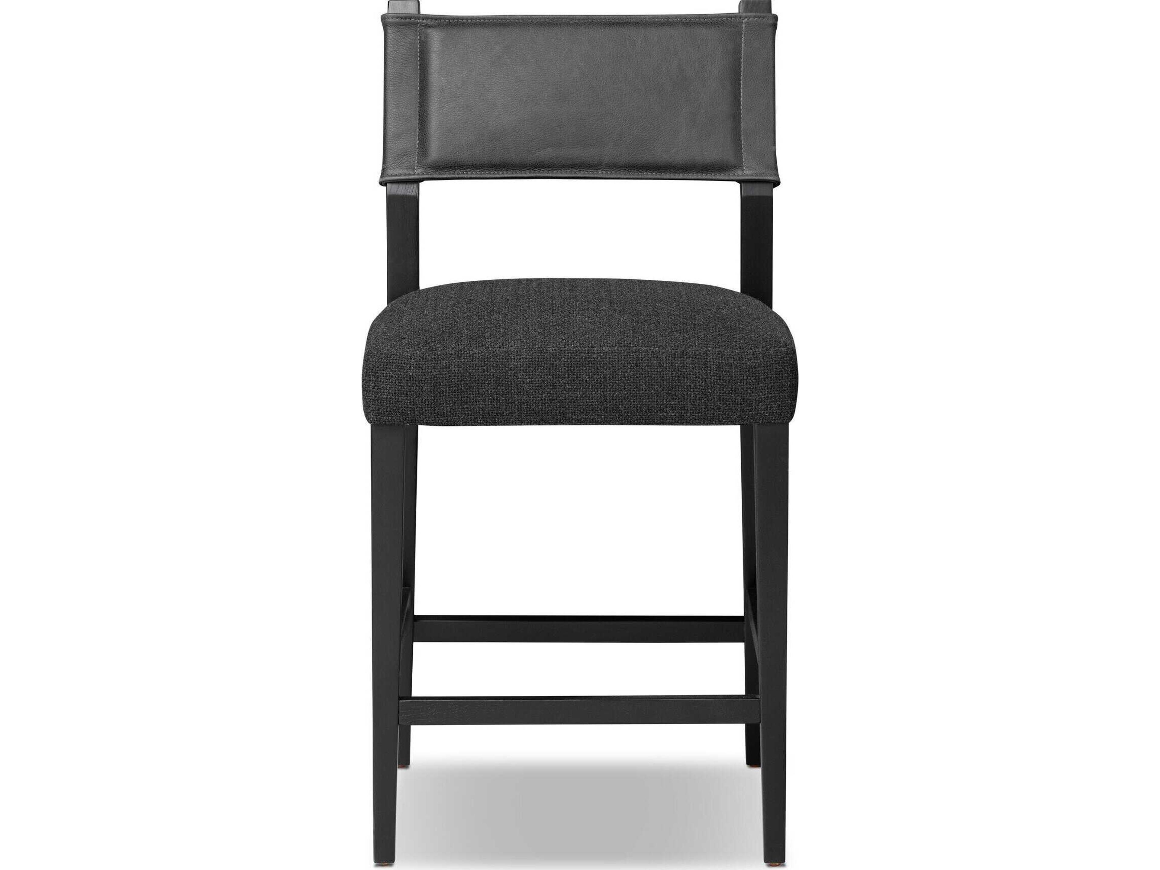 Four Hands Berman Ferris Gibson Black Leather Ash Wood Counter Stool