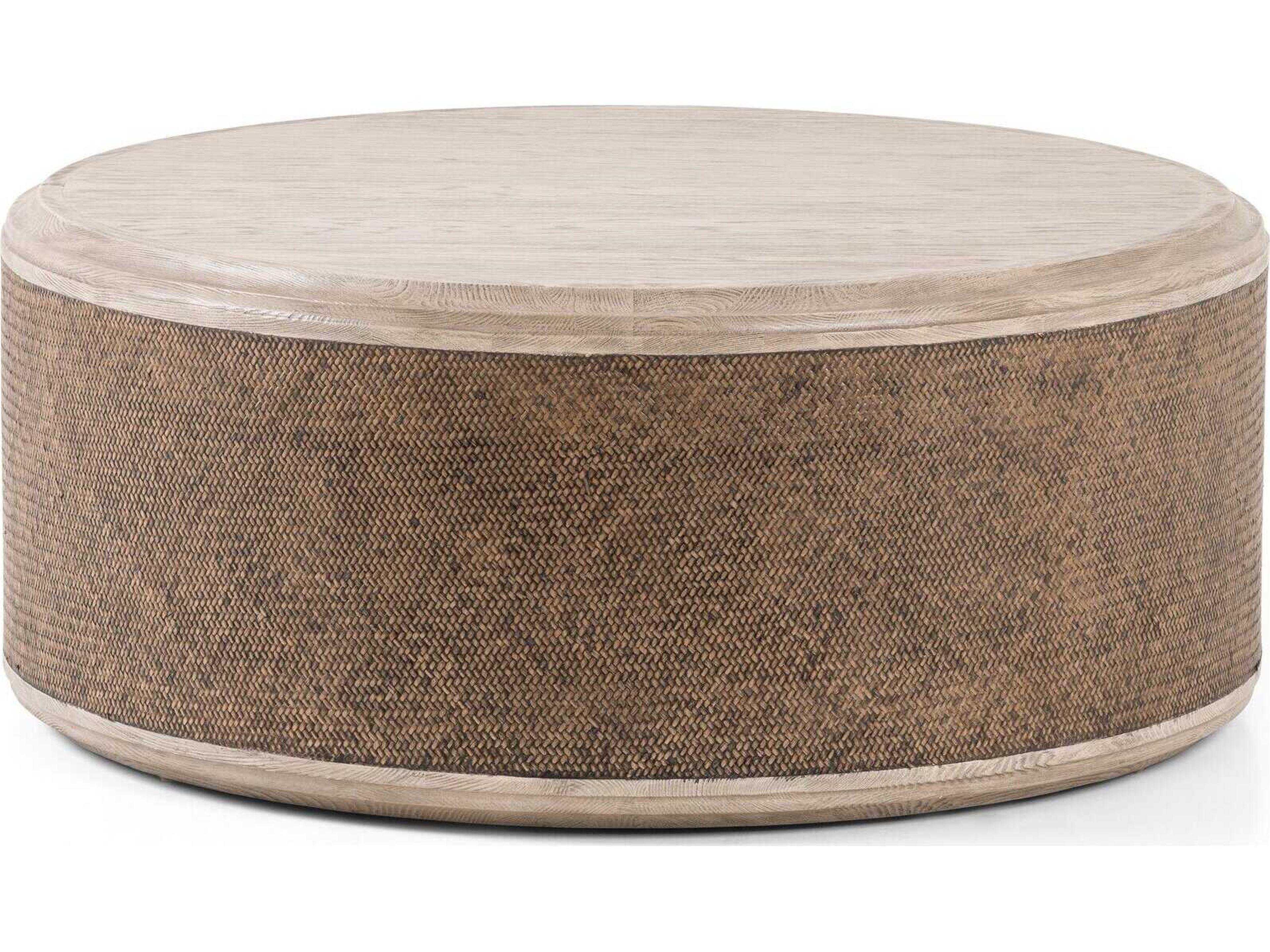 Four Hands Hughes Kiara Round Wood Weathered Blonde Pine Rustic Rattan Coffee Table