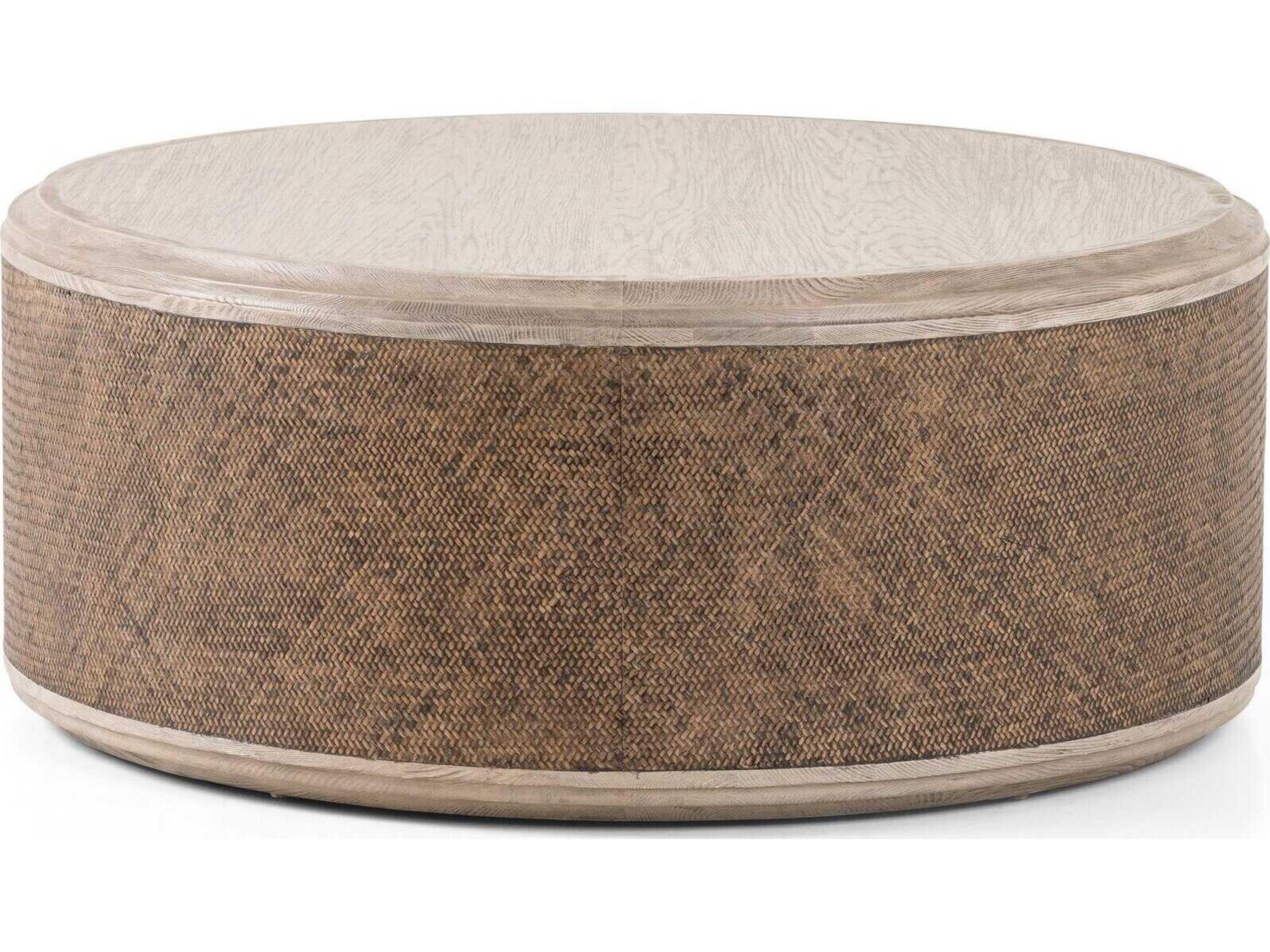 Four Hands Hughes Kiara Round Wood Weathered Blonde Pine Rustic Rattan Coffee Table