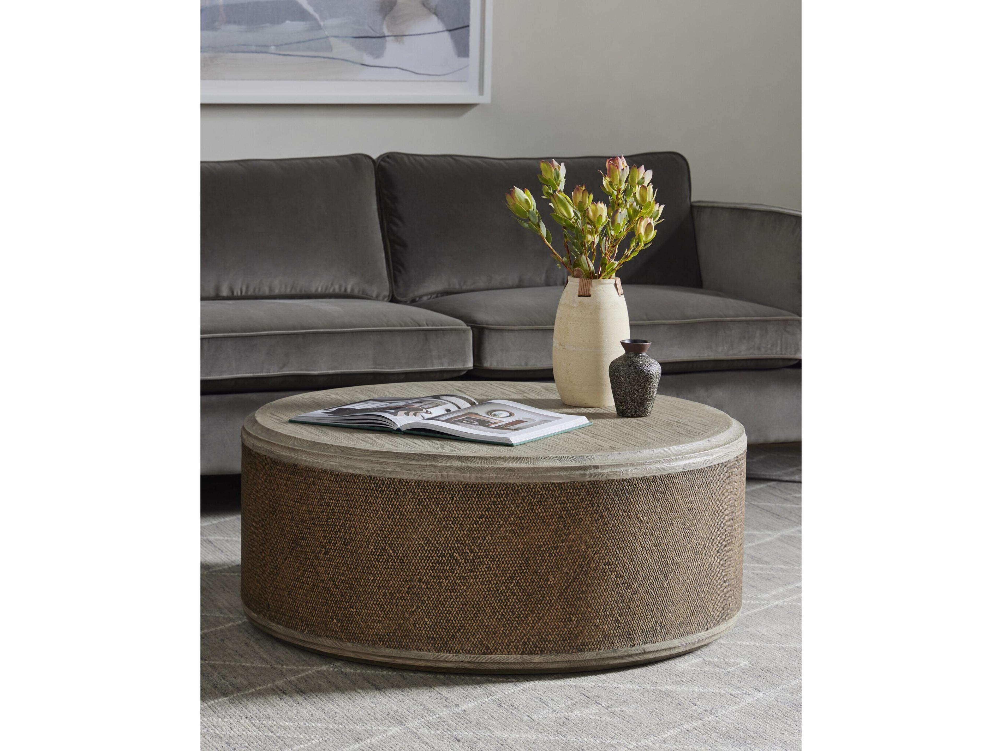 Four Hands Hughes Kiara Round Wood Weathered Blonde Pine Rustic Rattan Coffee Table