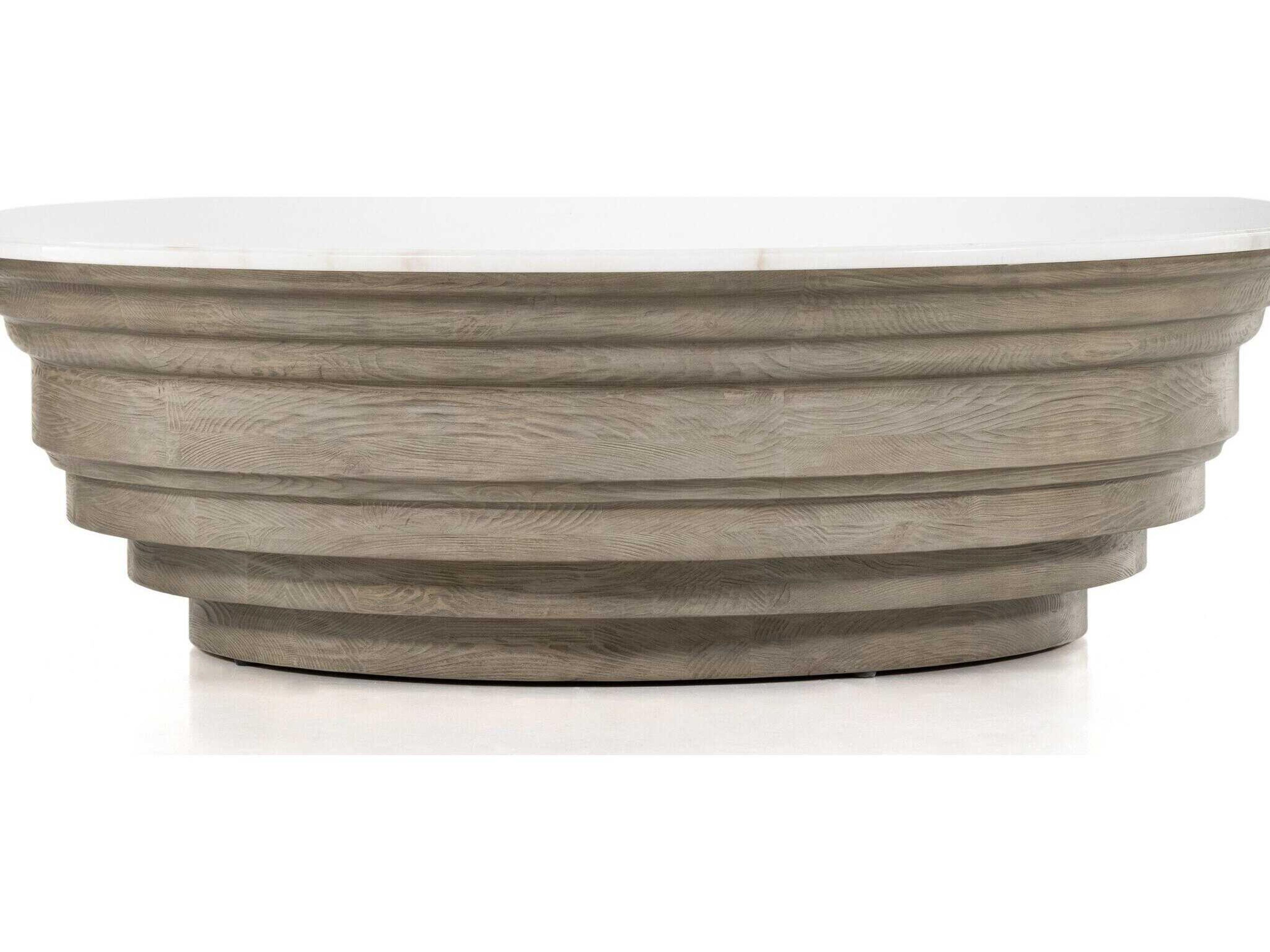 Four Hands Hughes Caldwell Round Weathered Blonde Pine White Marble Coffee Table