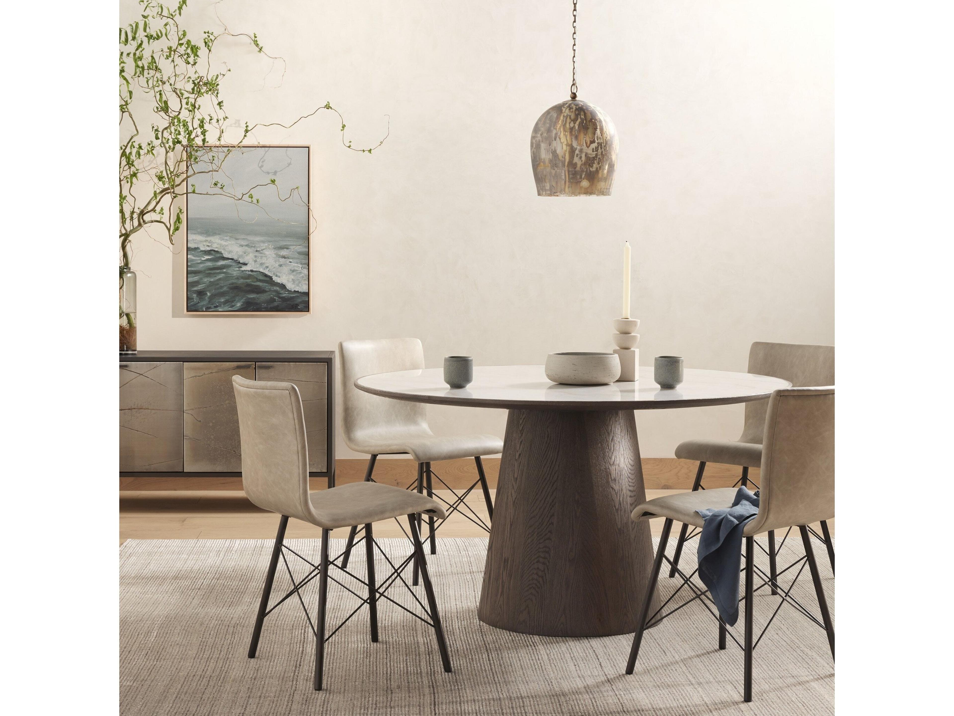 Four Hands Hughes Skye Round Weathered Dark Oak White Marble Dining Table