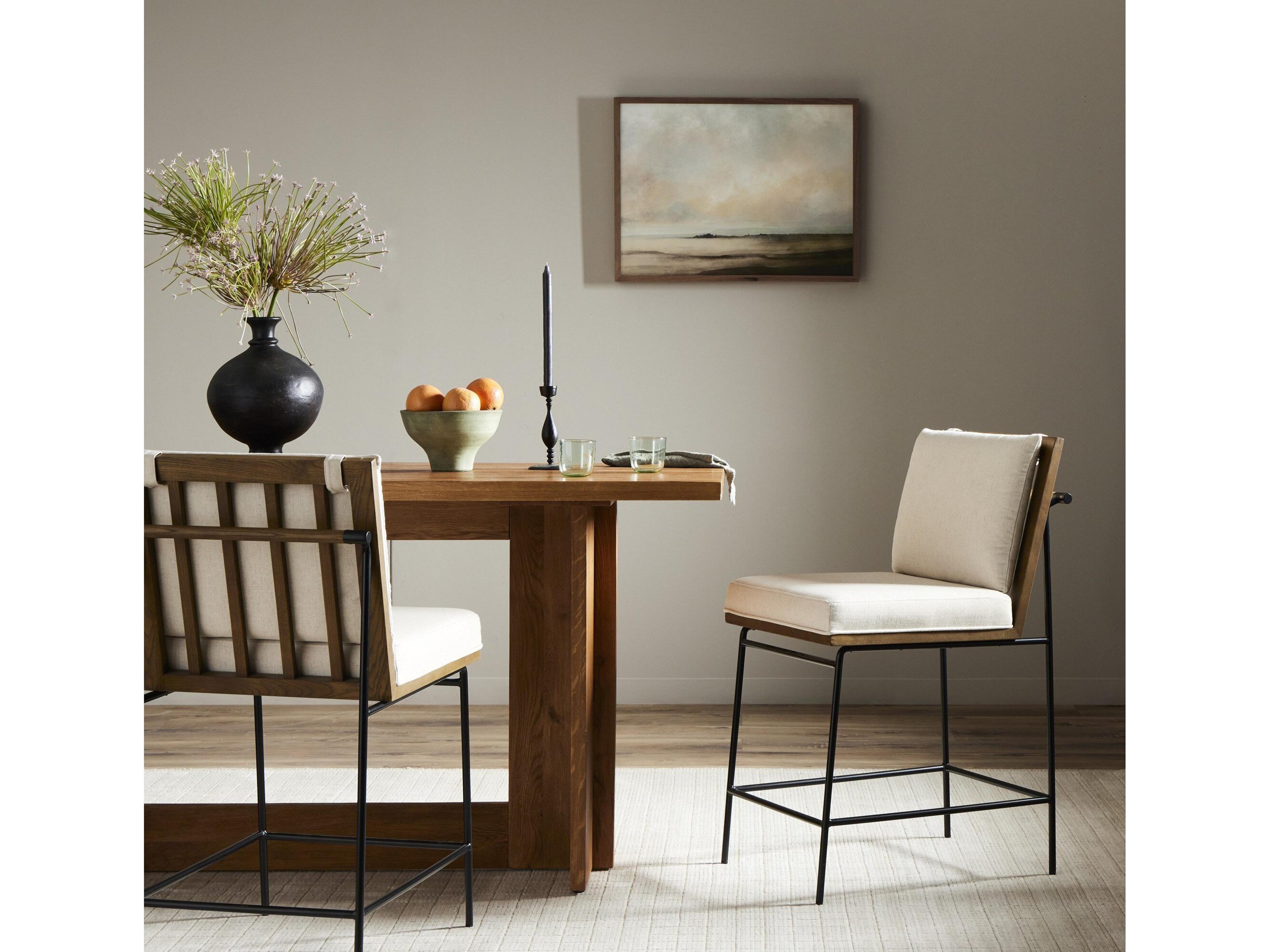 Four Hands Westgate Crete Upholstered Oak Wood Amber Midnight Iron Savile Flax Counter Stool