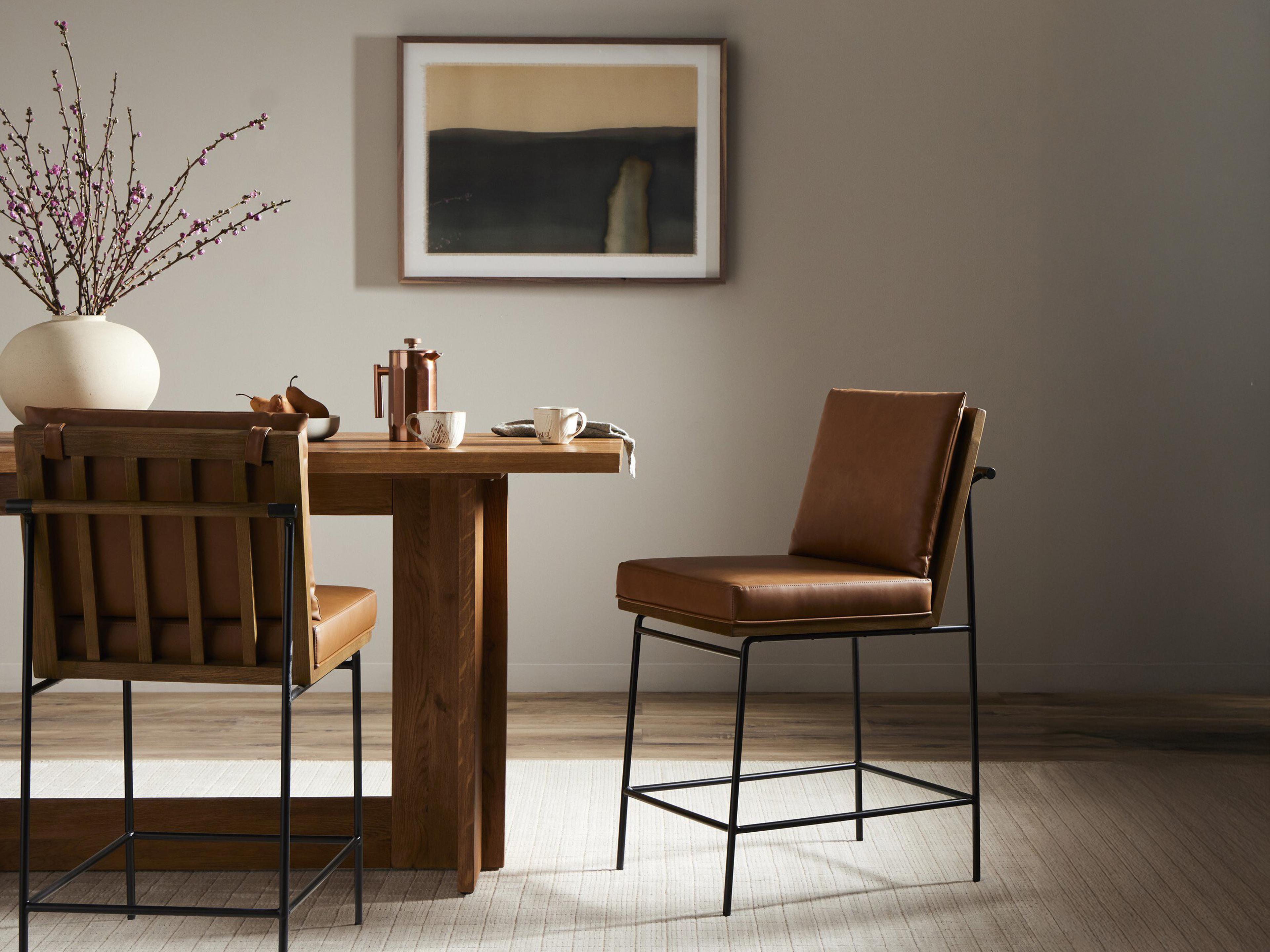 Four Hands Westgate Crete Leather Oak Wood Amber Midnight Iron Sierra Butterscotch Counter Stool