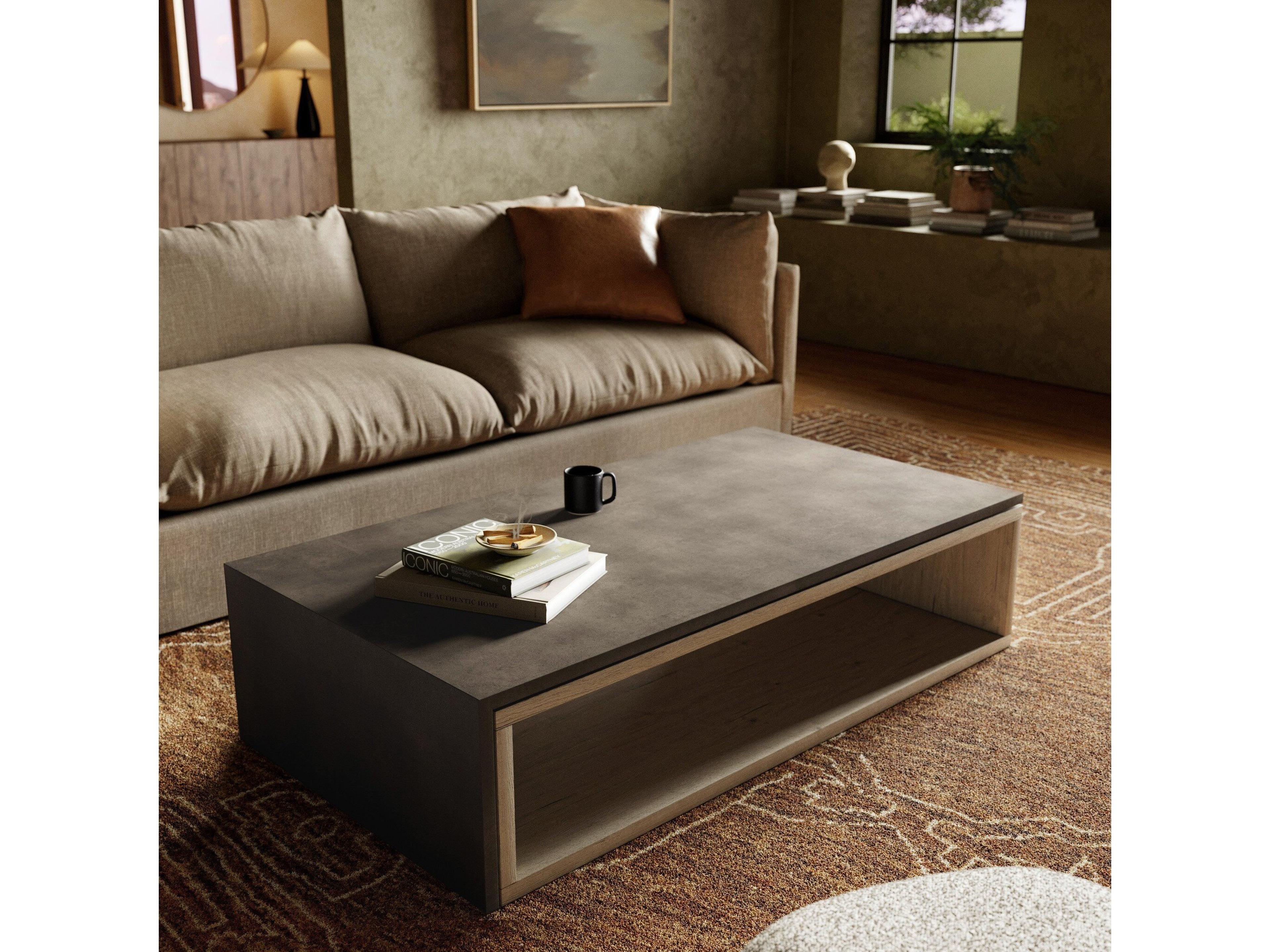 Four Hands Bina Faro Rectangular Washed Natural Veneer Dark Grey Concrete Coffee Table