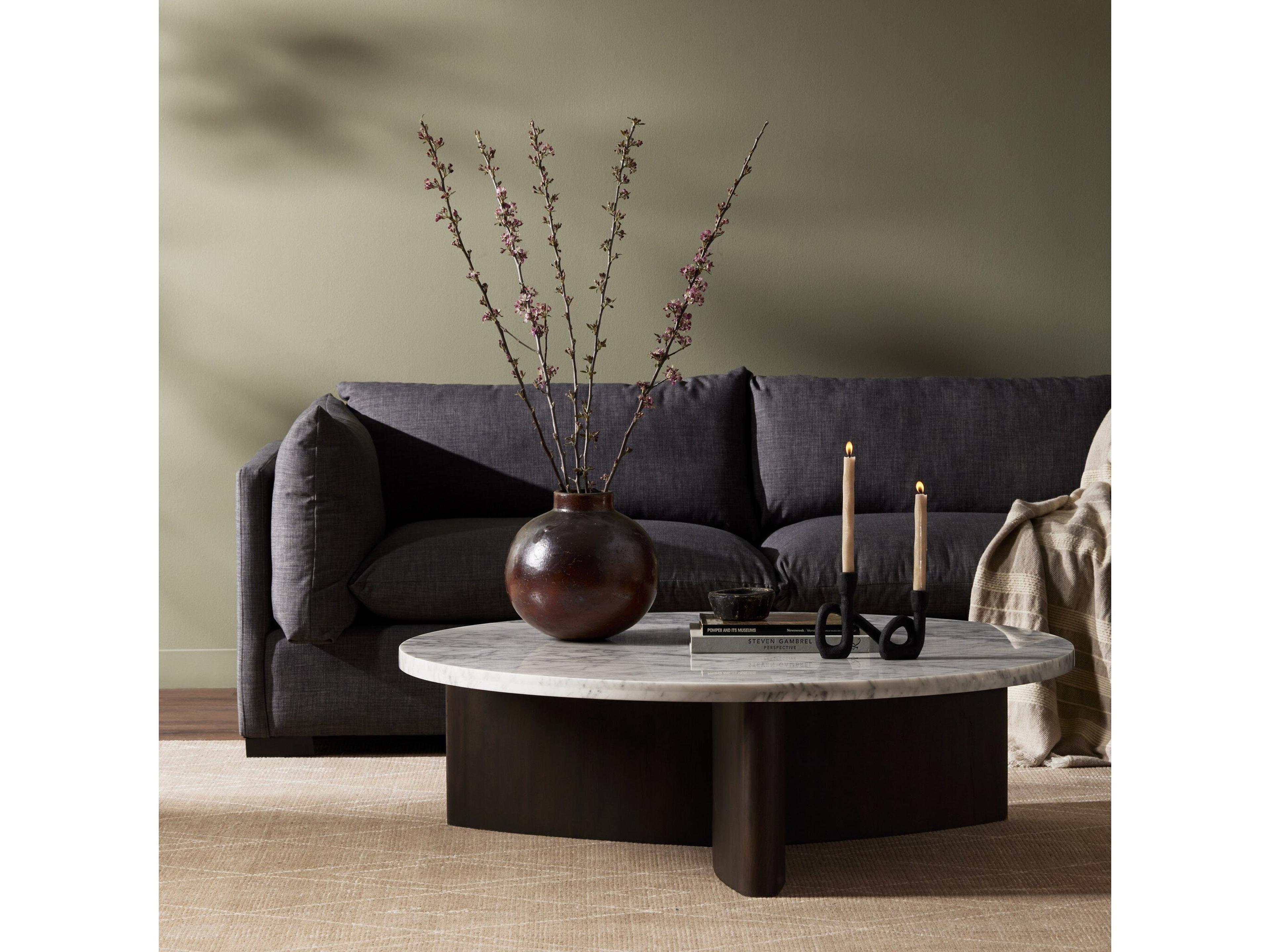 Four Hands Bina Toli Round Marble Smoked Black White Coffee Table