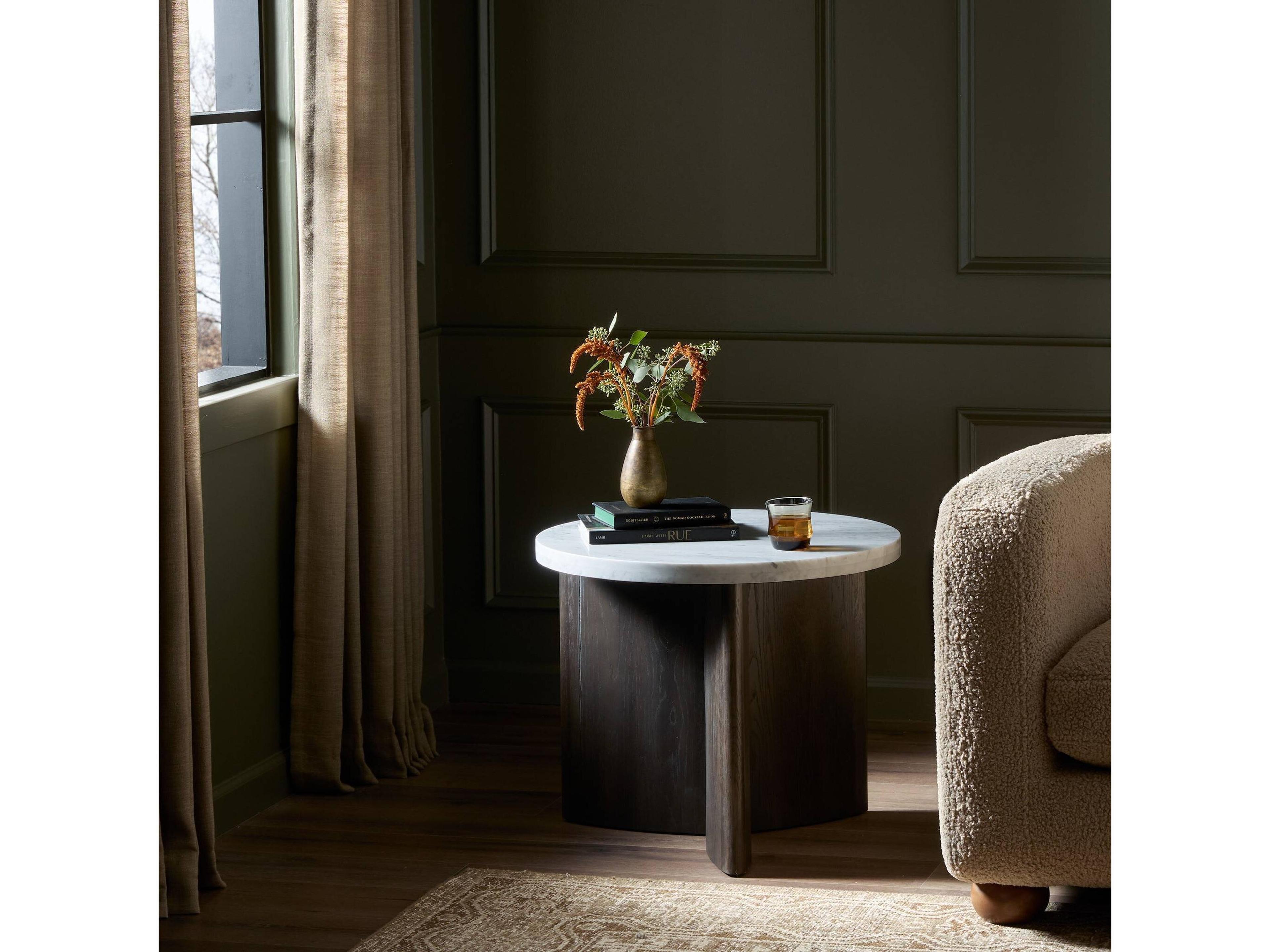 Four Hands Bina Toli Round Marble Smoked Black White End Table