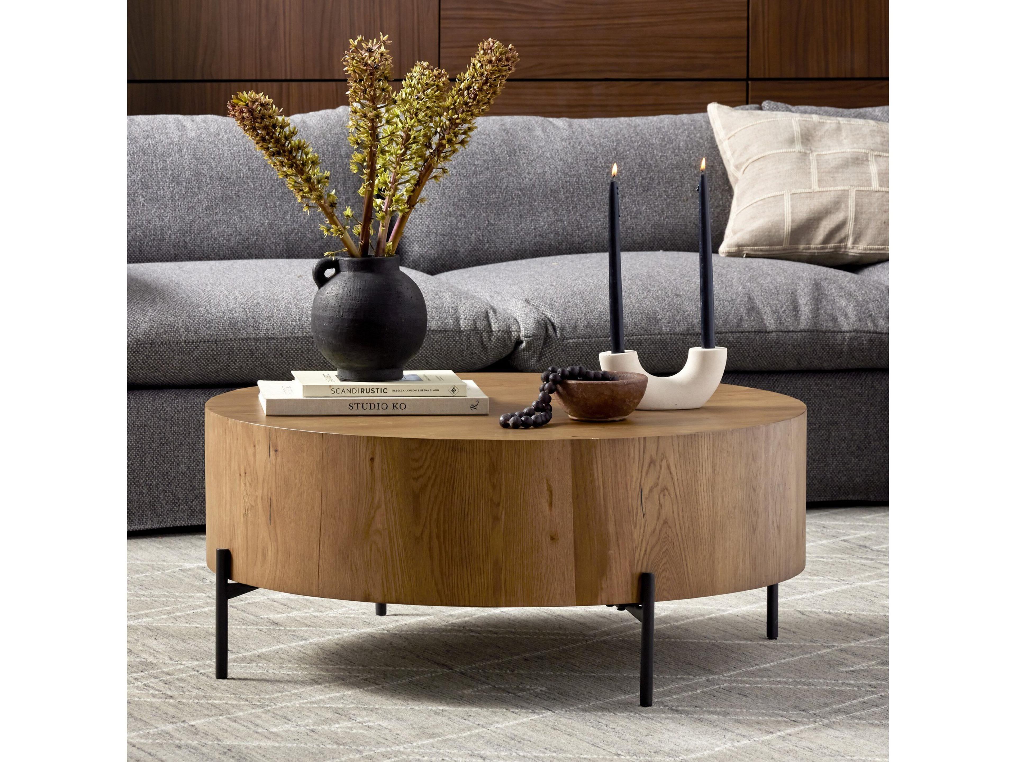 Four Hands Haiden Round Wood Dark Gunmetal Amber Oak Resin Coffee Table