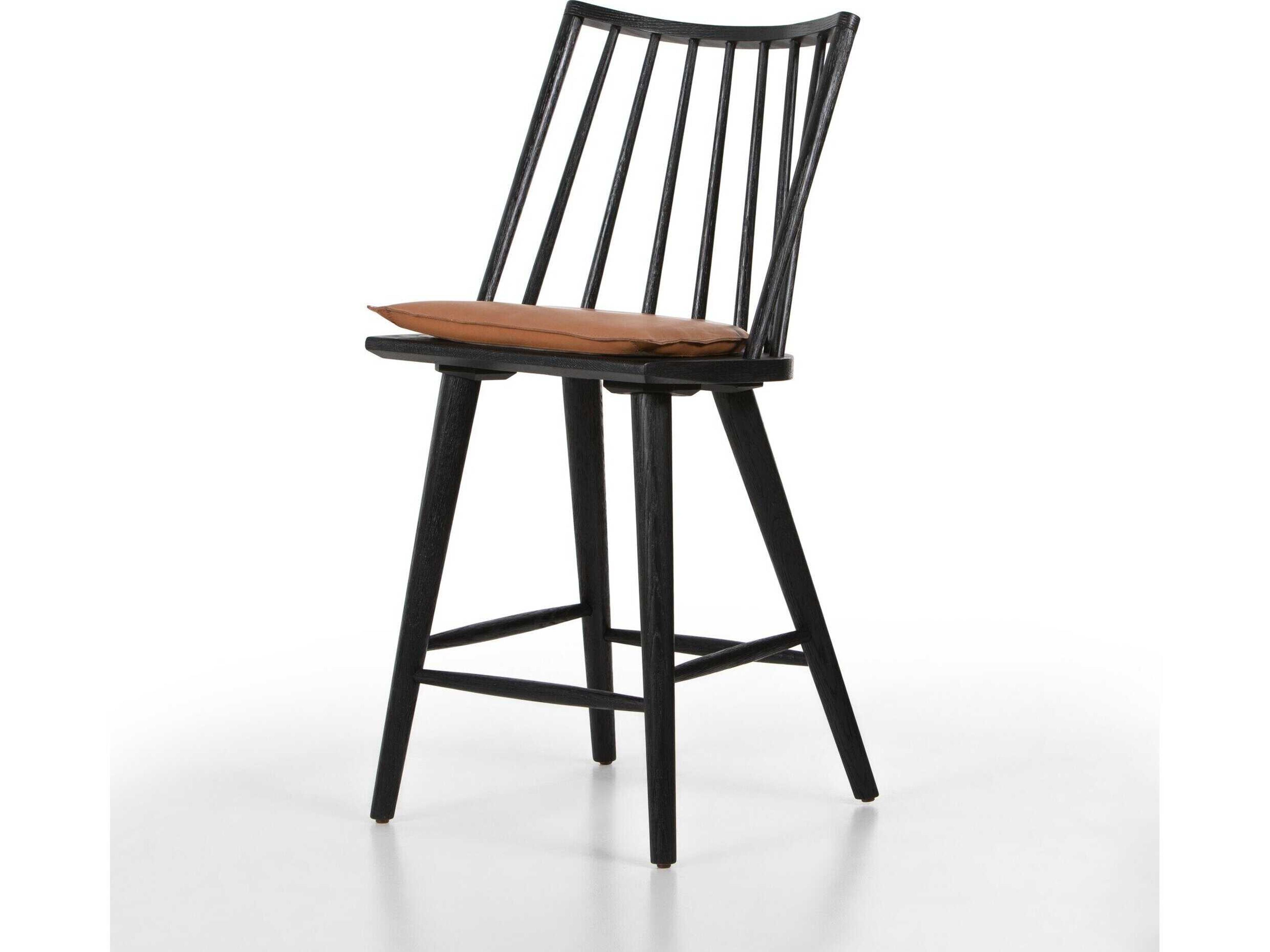 Wallis Lewis Leather Oak Wood Black Whiskey Saddle Counter Stool