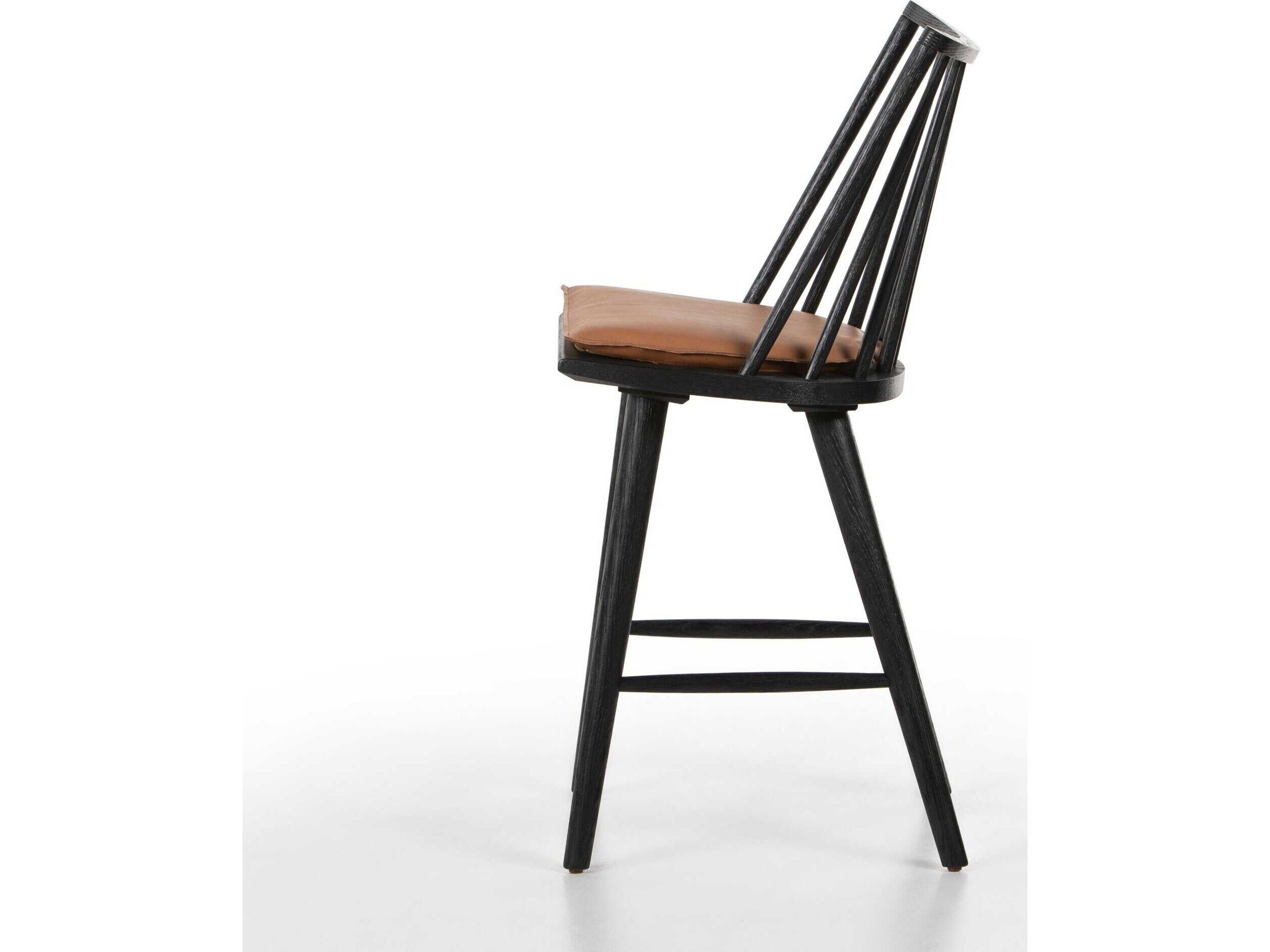 Four Hands Wallis Lewis Leather Oak Wood Black Whiskey Saddle Counter Stool