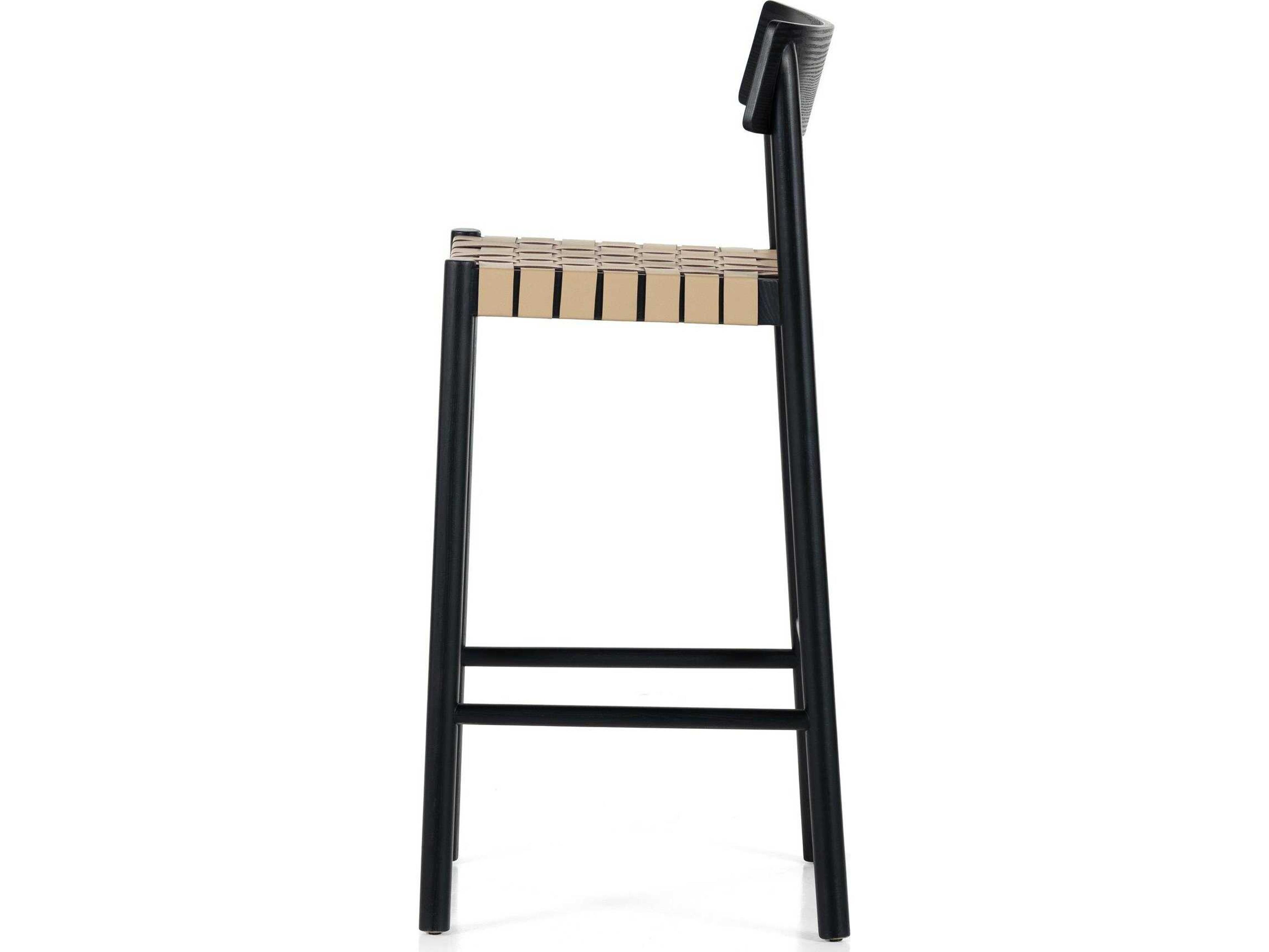 Four Hands Allston Heisler Leather Ash Wood Black Veneer Almond Blend Bar Stool