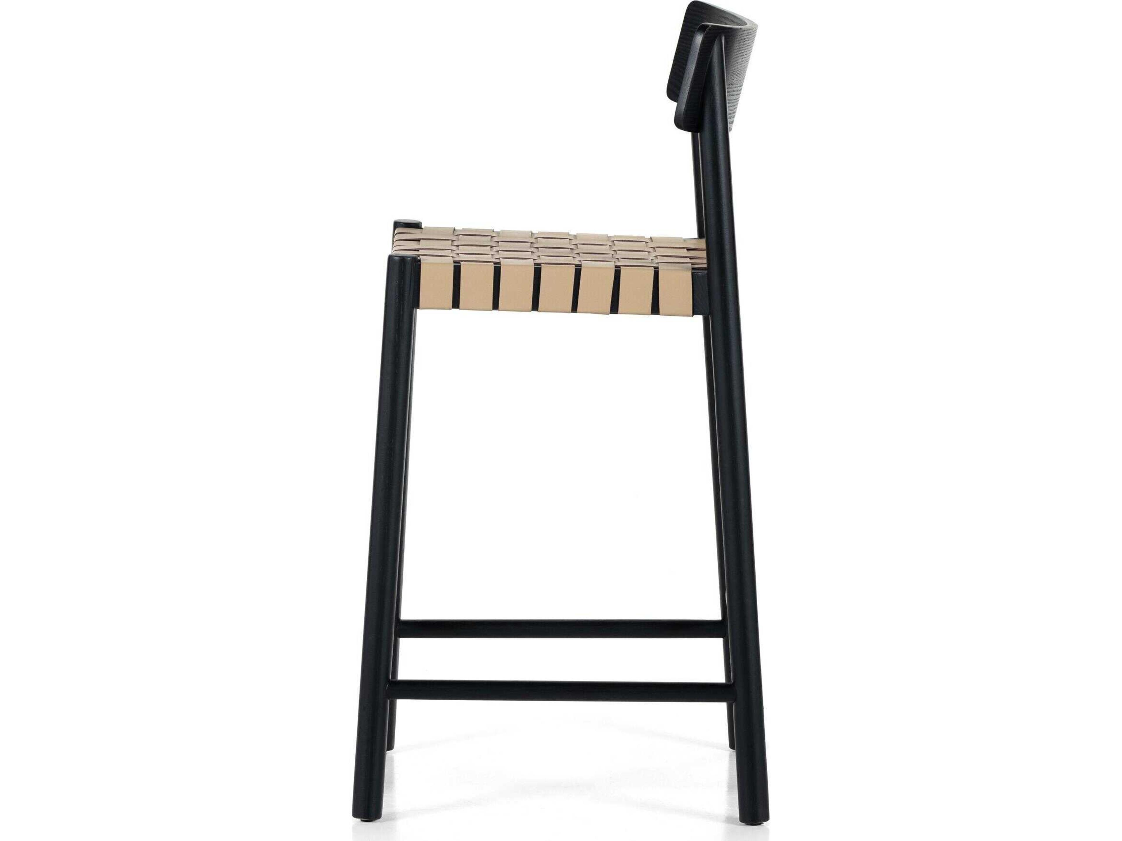 Four Hands Allston Heisler Leather Ash Wood Black Veneer Almond Blend Counter Stool