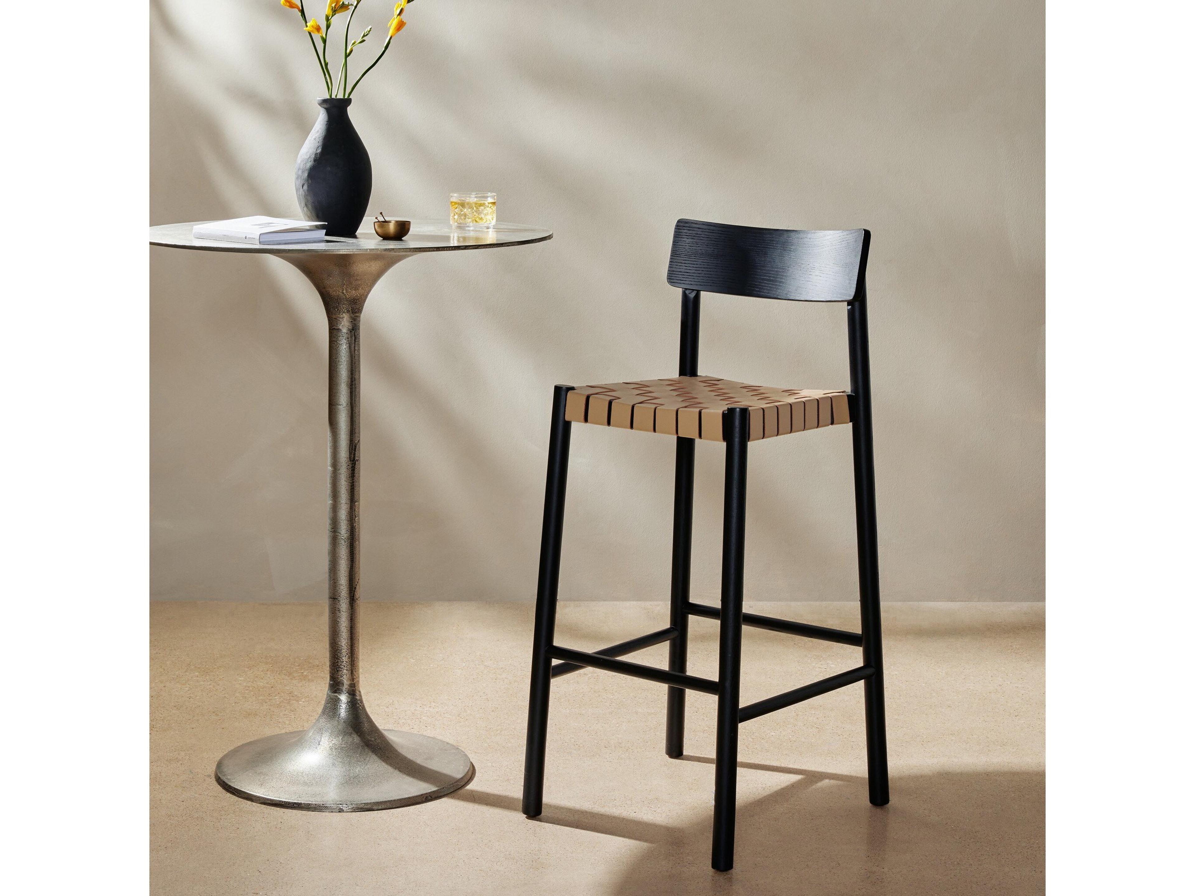 Four Hands Allston Heisler Leather Ash Wood Black Veneer Almond Blend Counter Stool