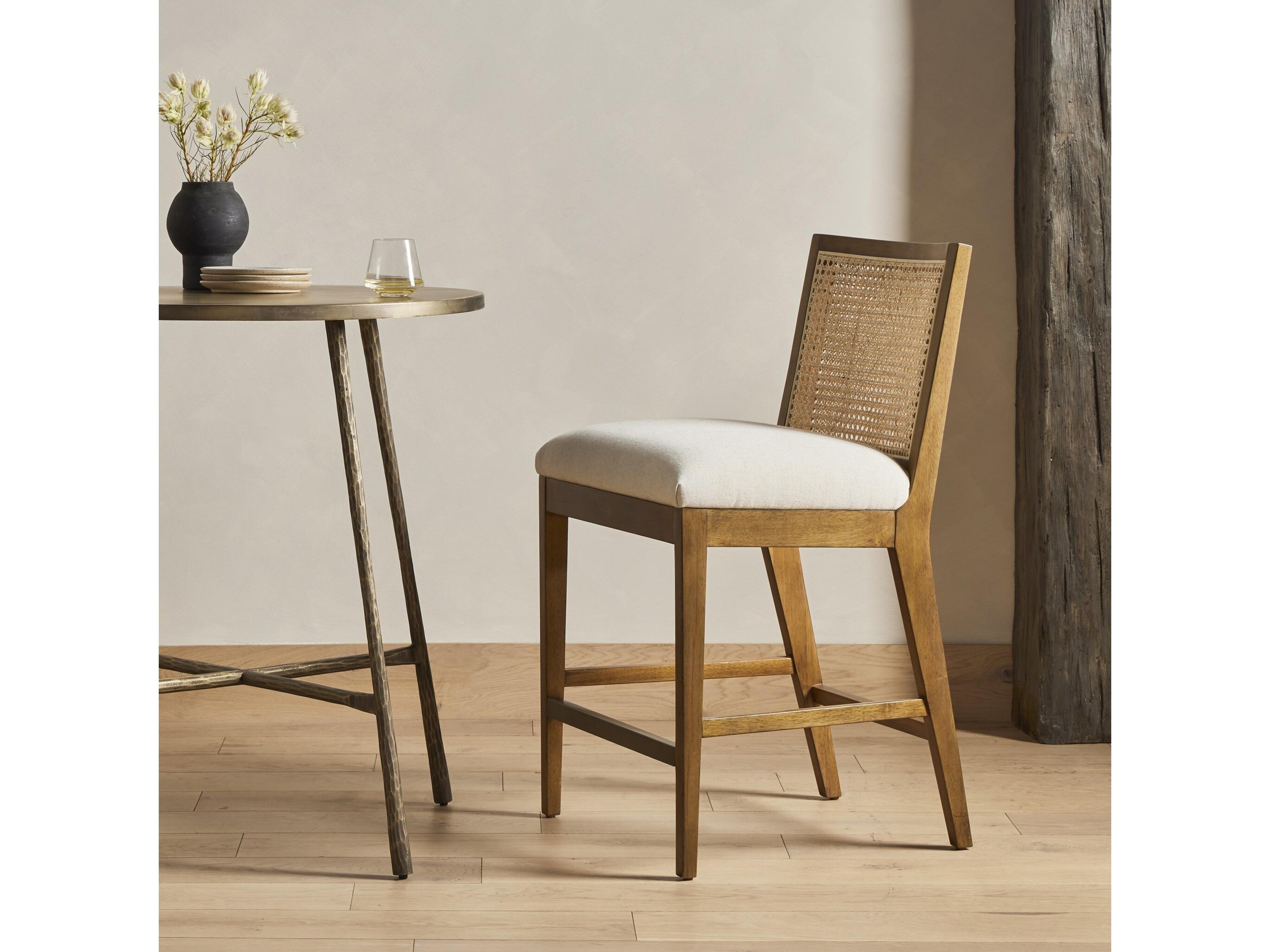 Four Hands Belfast Antonia Savile Flax Upholstered Cane Armless Bar Stool