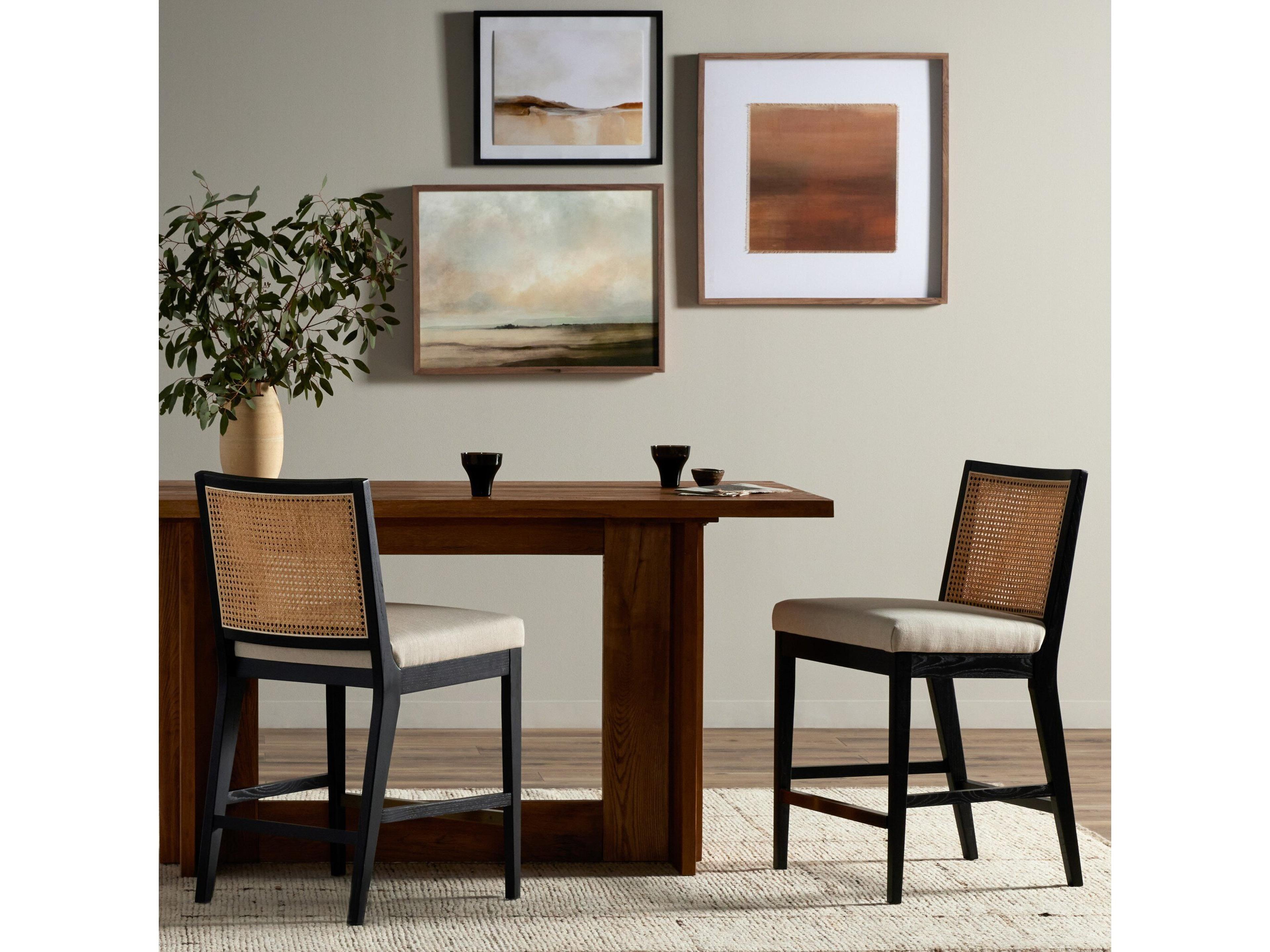 Four Hands Keston Antonia Savile Flax Upholstered Cane Armless Counter Stool