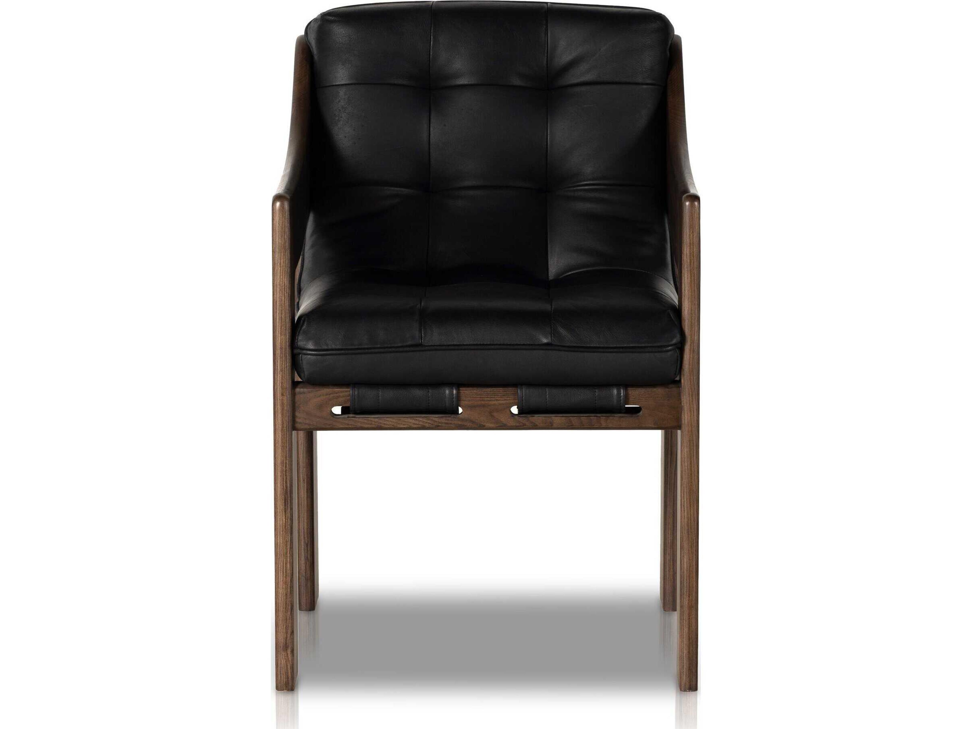 Four Hands Kensington Halston Leather Ash Wood Black Upholstered Arm Dining Chair