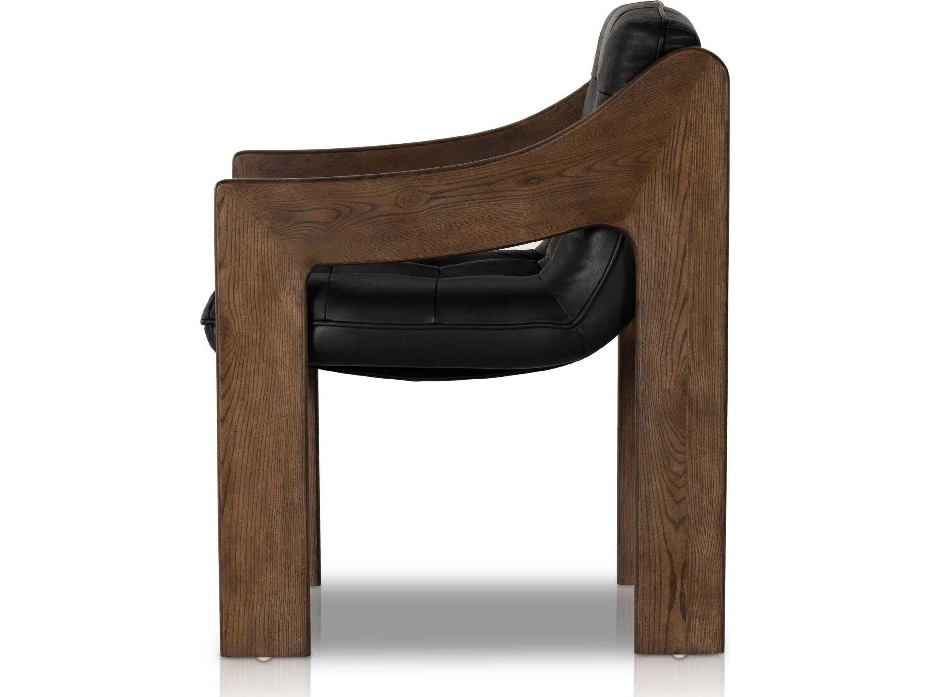 Four Hands Kensington Halston Leather Ash Wood Black Upholstered Arm Dining Chair