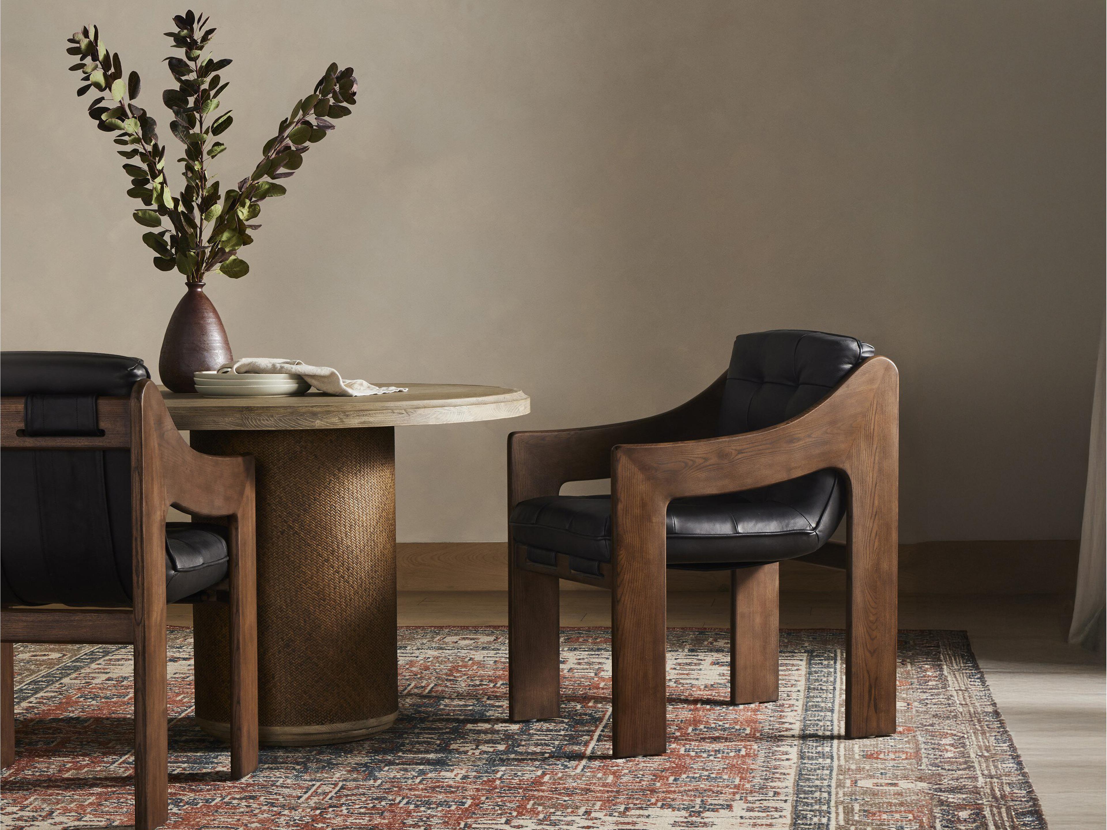 Four Hands Kensington Halston Leather Ash Wood Black Upholstered Arm Dining Chair