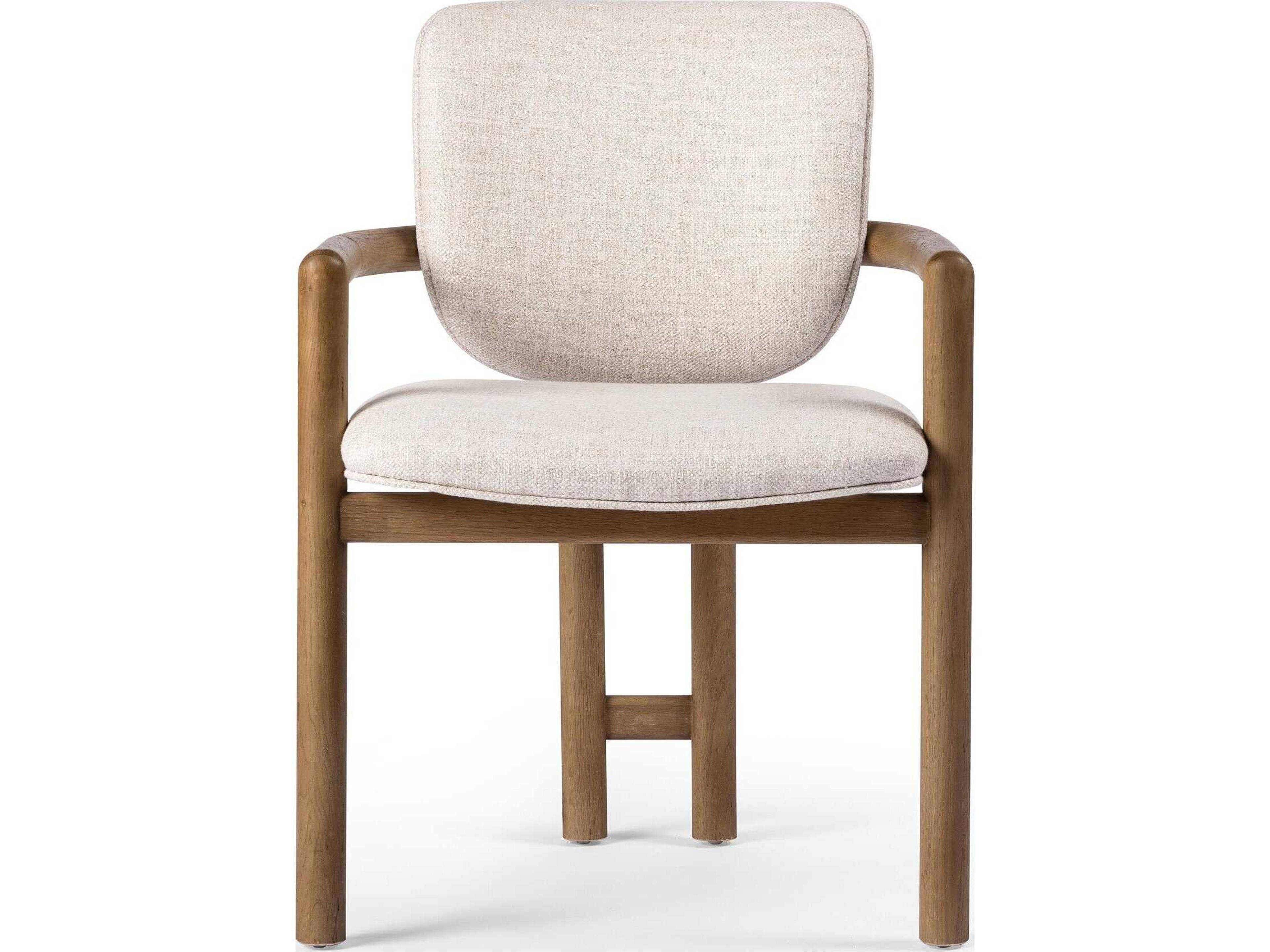 Four Hands Irondale Madeira Fabric Oak Wood Beige Upholstered Arm Dining Chair