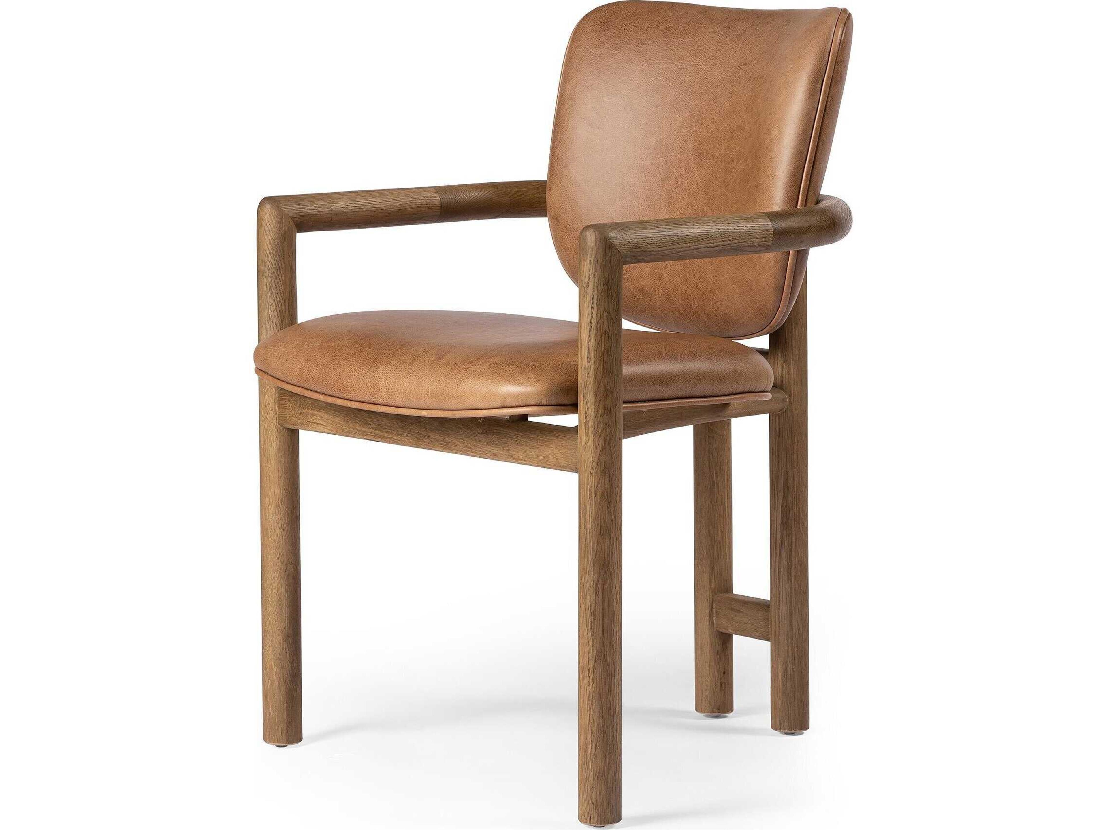 Irondale Madeira Leather Oak Wood Brown Upholstered Arm Dining Chair