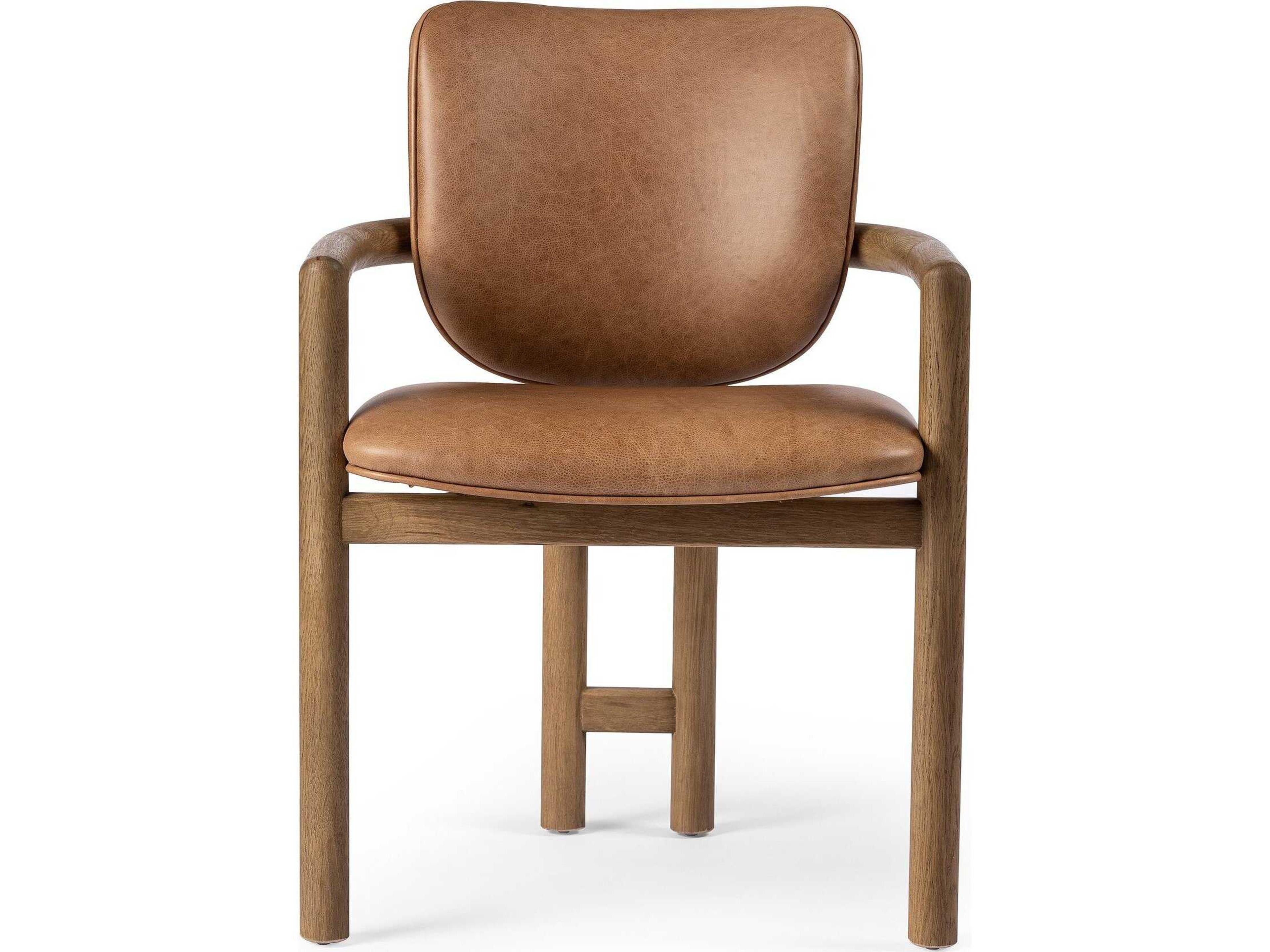 Four Hands Irondale Madeira Leather Oak Wood Brown Upholstered Arm Dining Chair