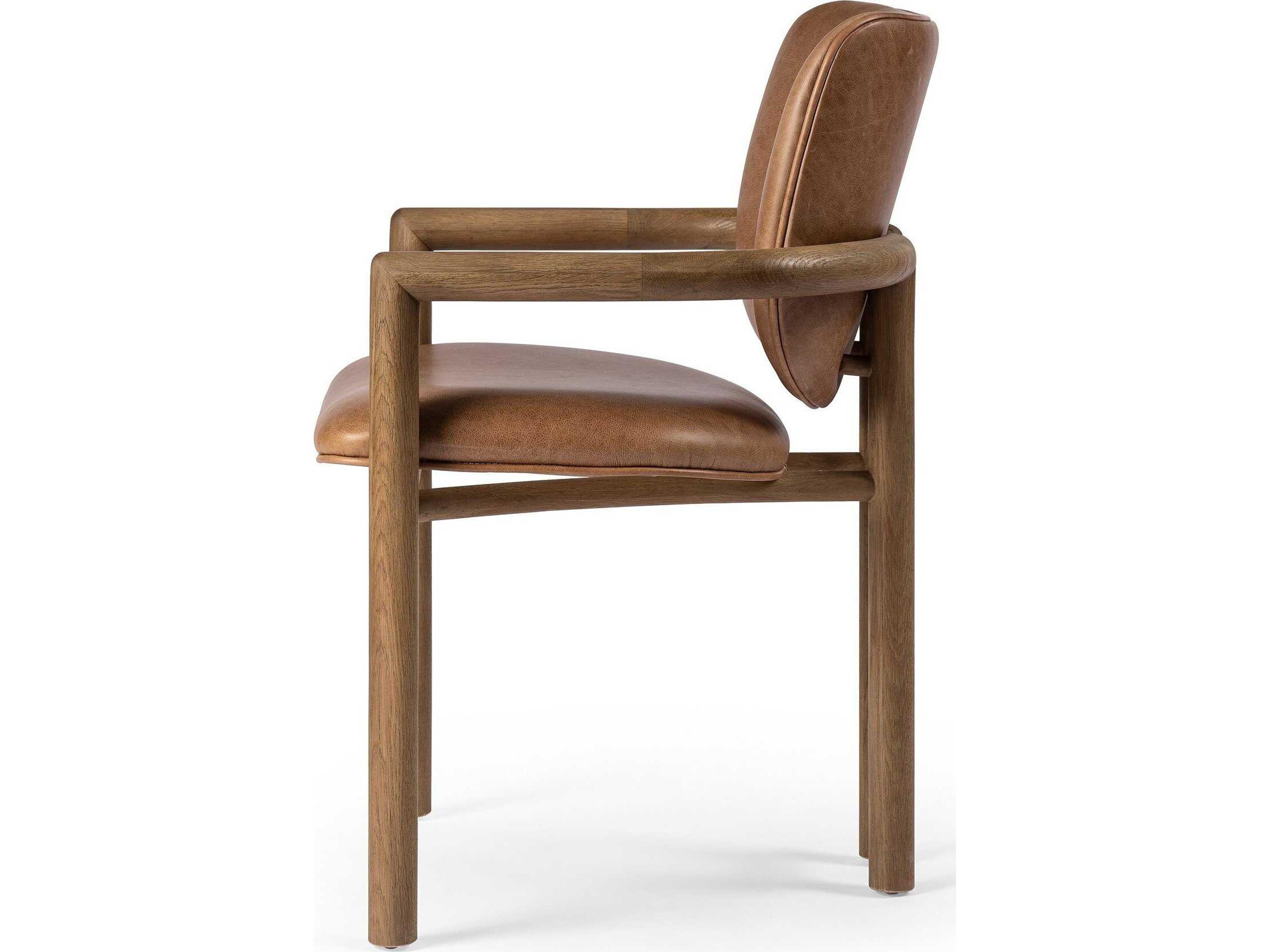 Four Hands Irondale Madeira Leather Oak Wood Brown Upholstered Arm Dining Chair