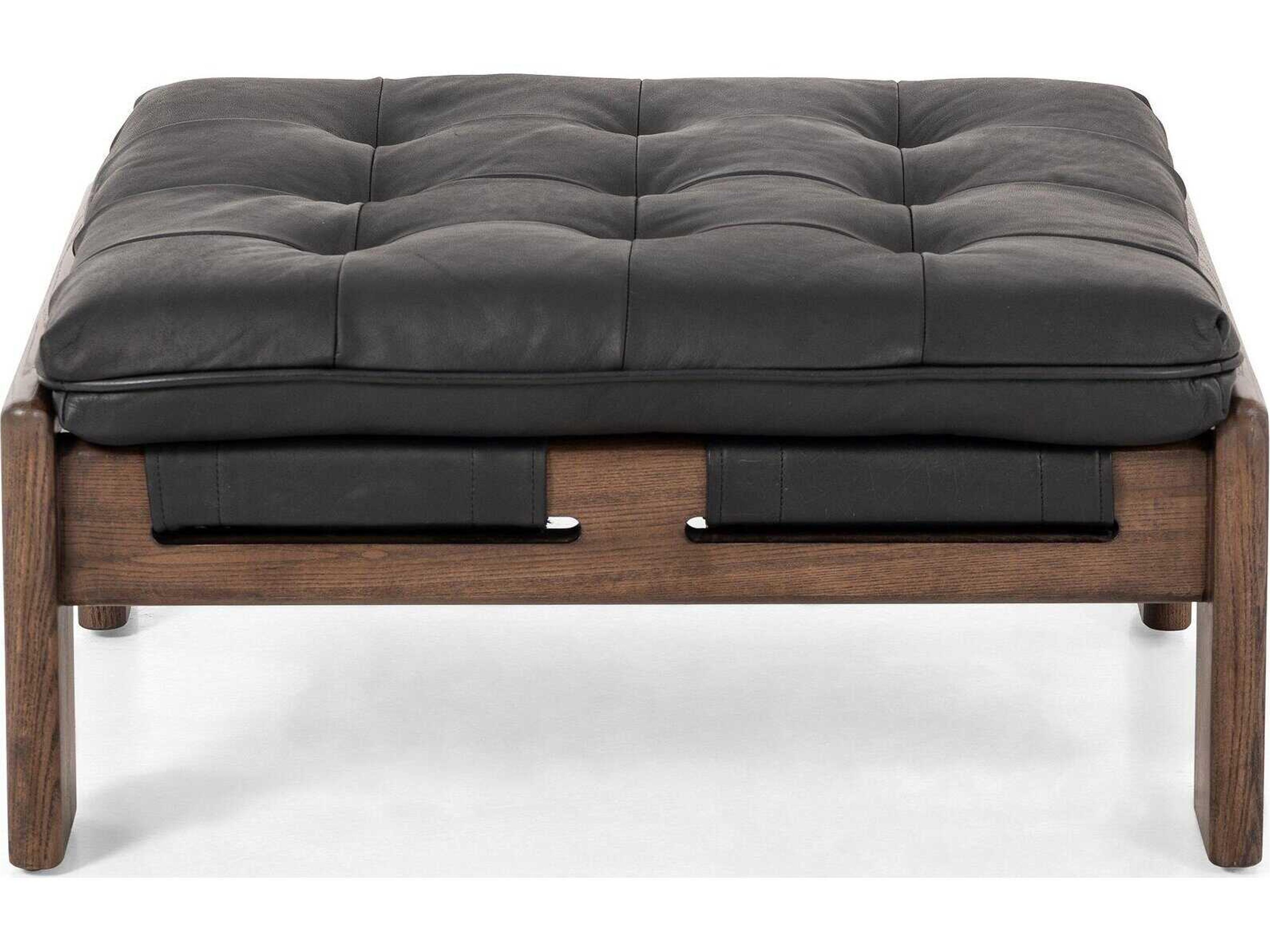 Four Hands Kensington Halston Heirloom Black Terra Brown Ash Leather Ottoman