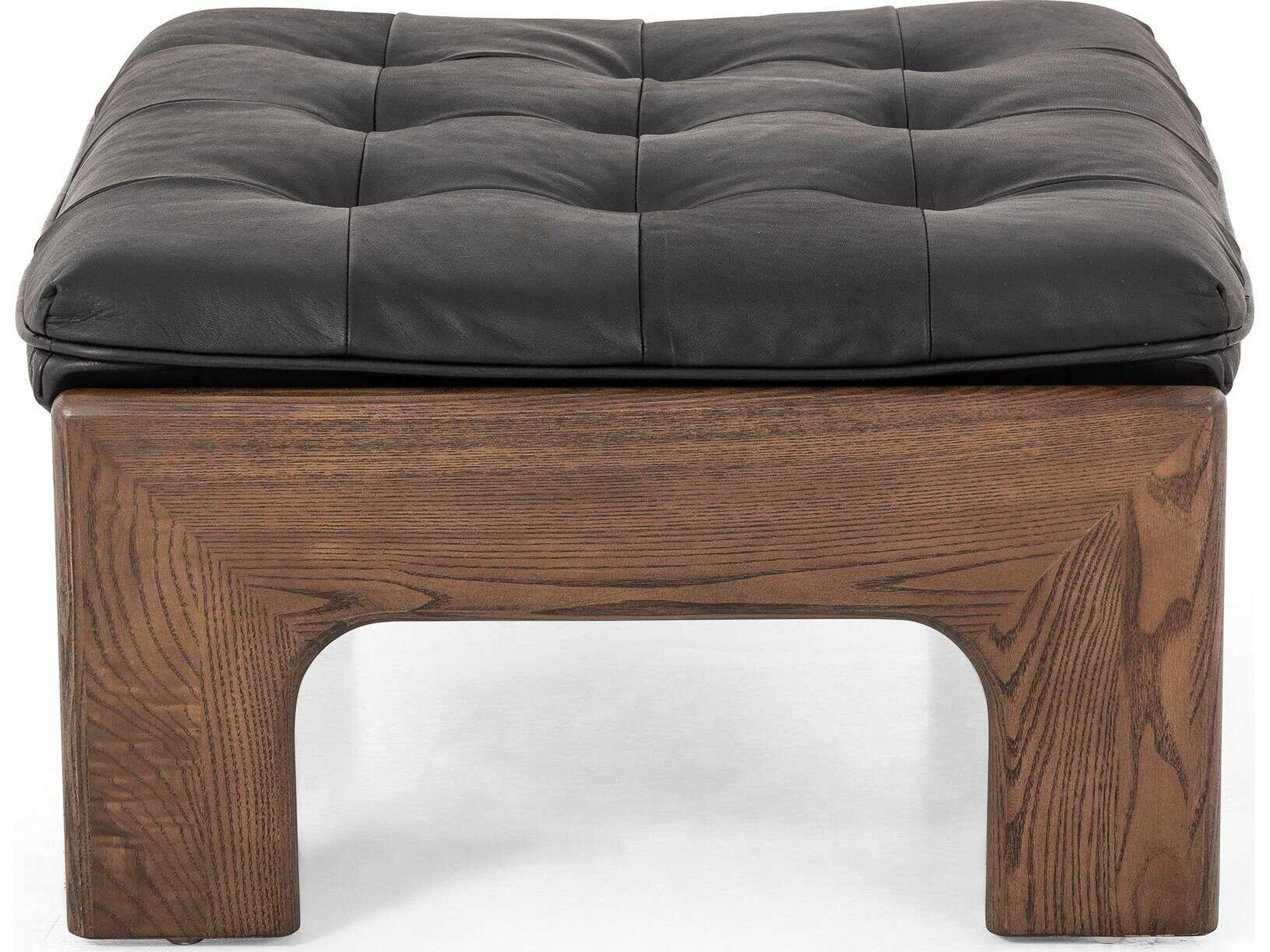 Four Hands Kensington Halston Heirloom Black Terra Brown Ash Leather Ottoman