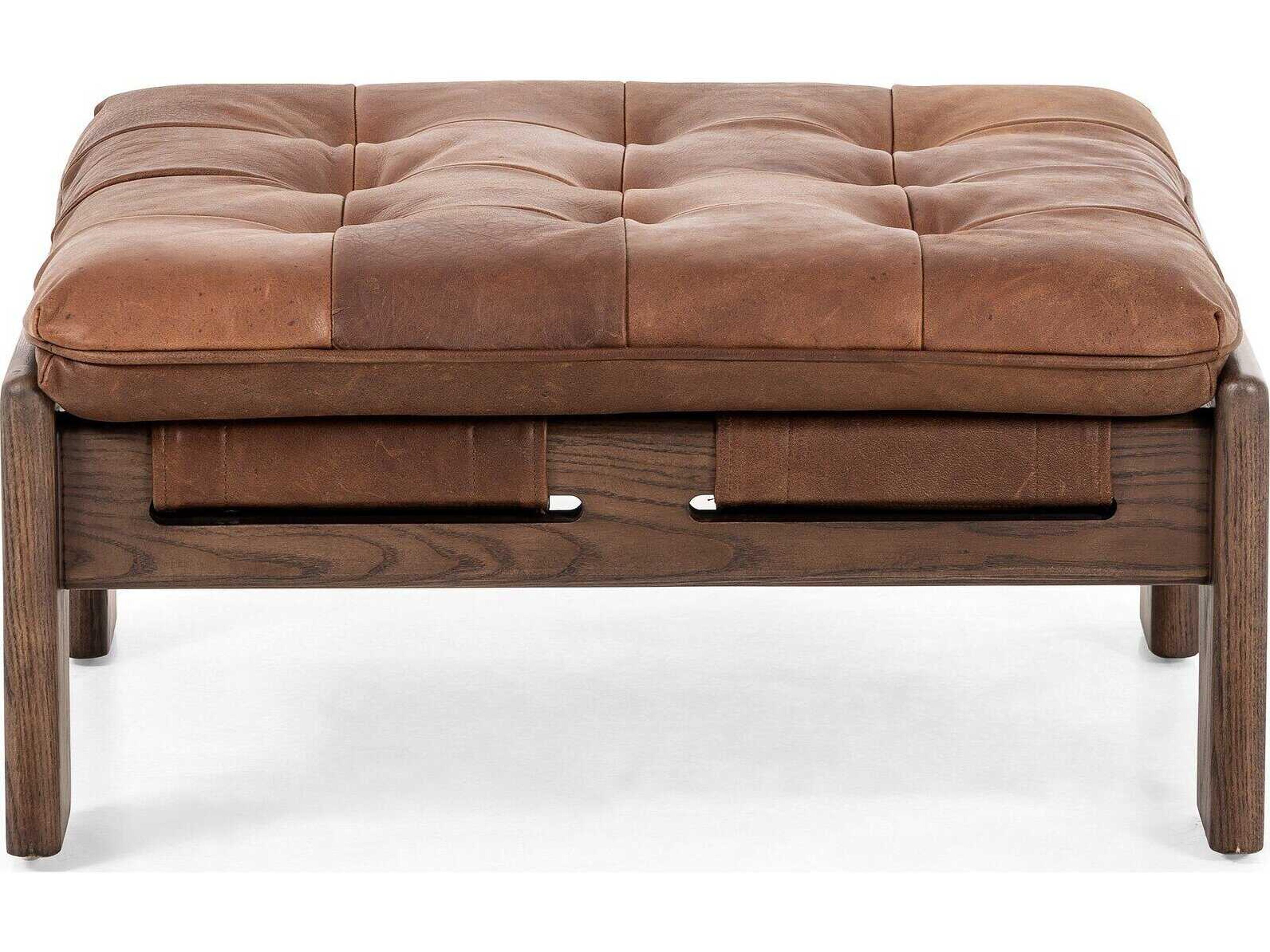 Four Hands Kensington Halston Heirloom Sienna Terra Brown Ash Leather Ottoman